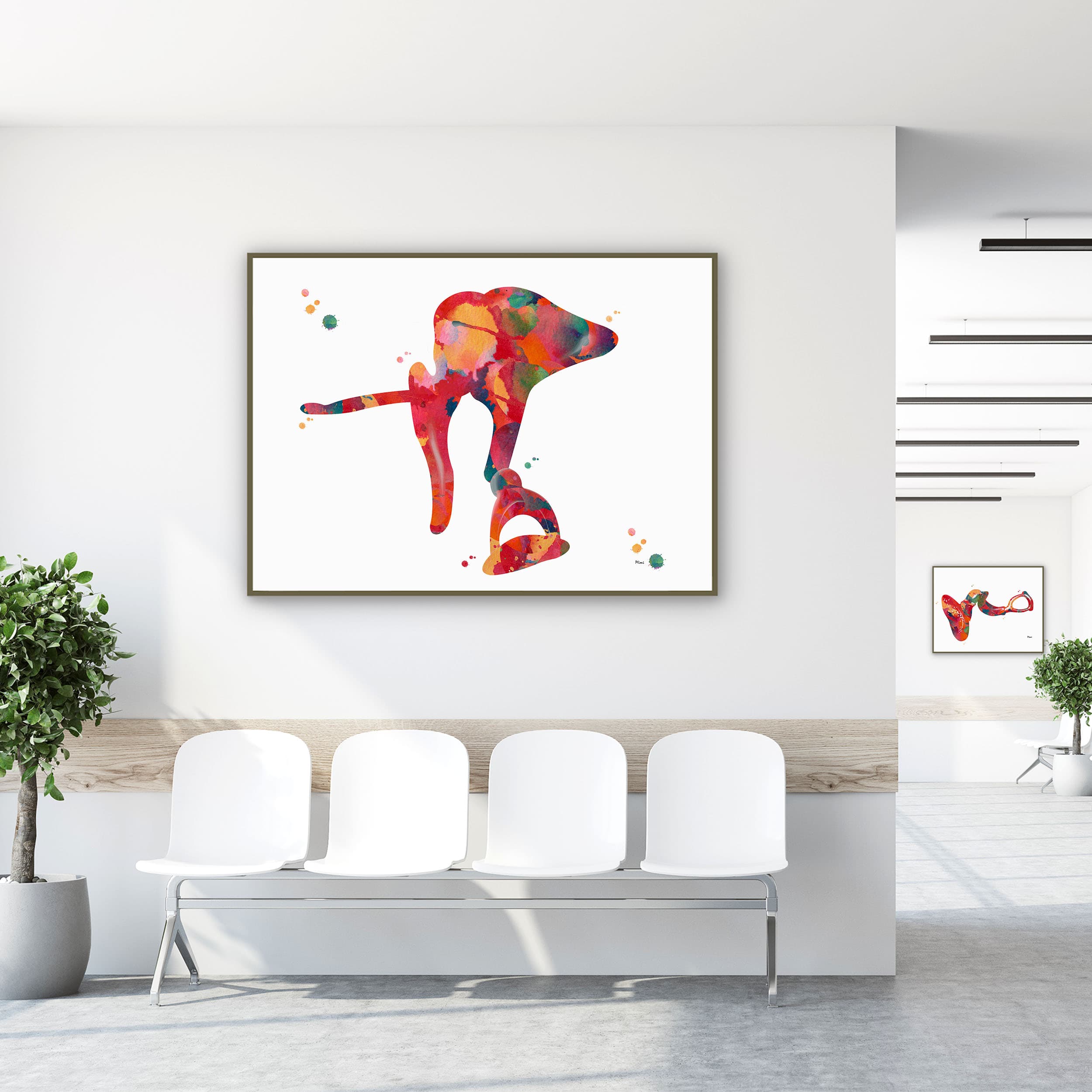 Framed ear ossicles watercolor print in a clinic waiting room