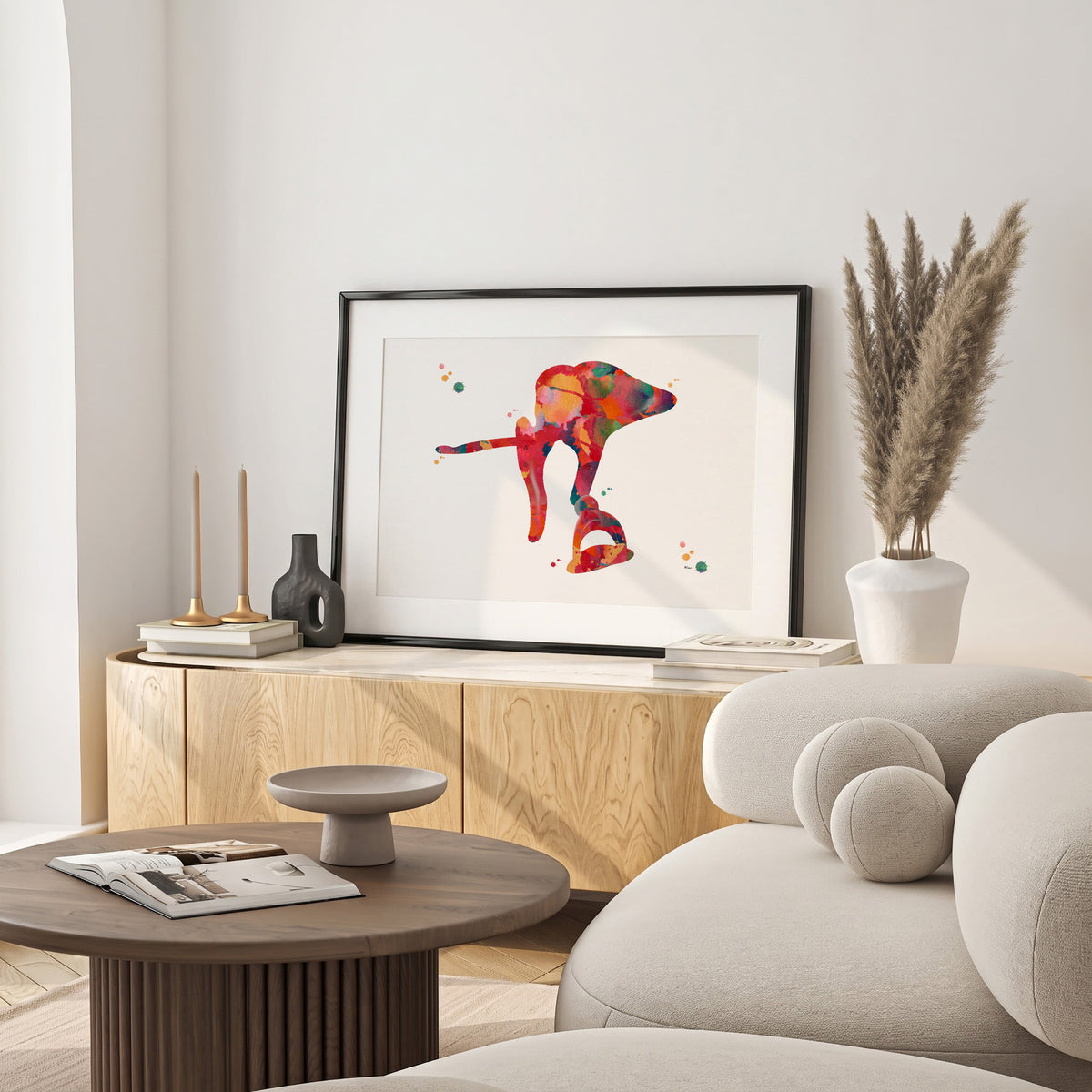 Framed ear ossicles watercolor print in a warm living room