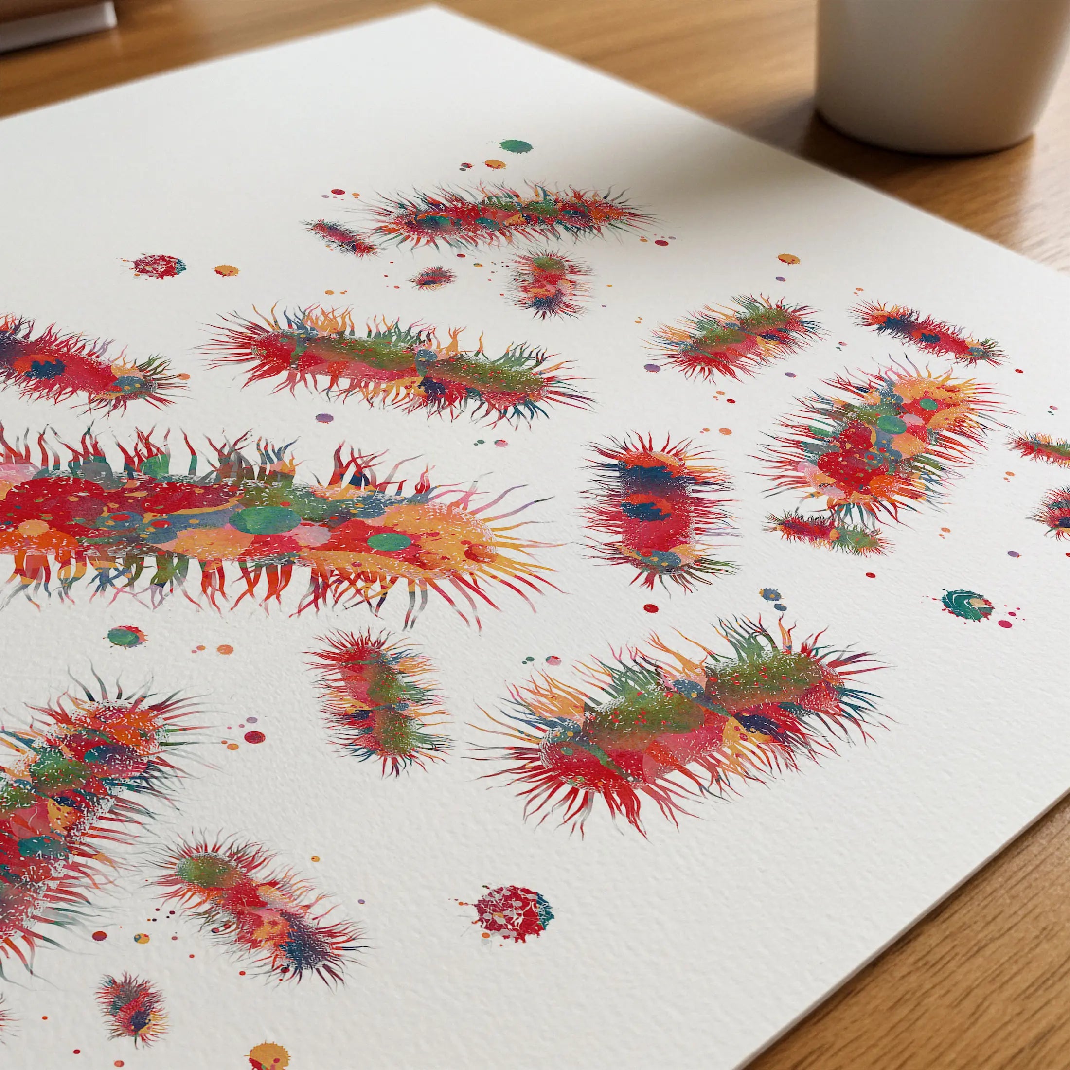 Close-up of escherichia coli (e. coli) watercolor print showing paper texture and grain