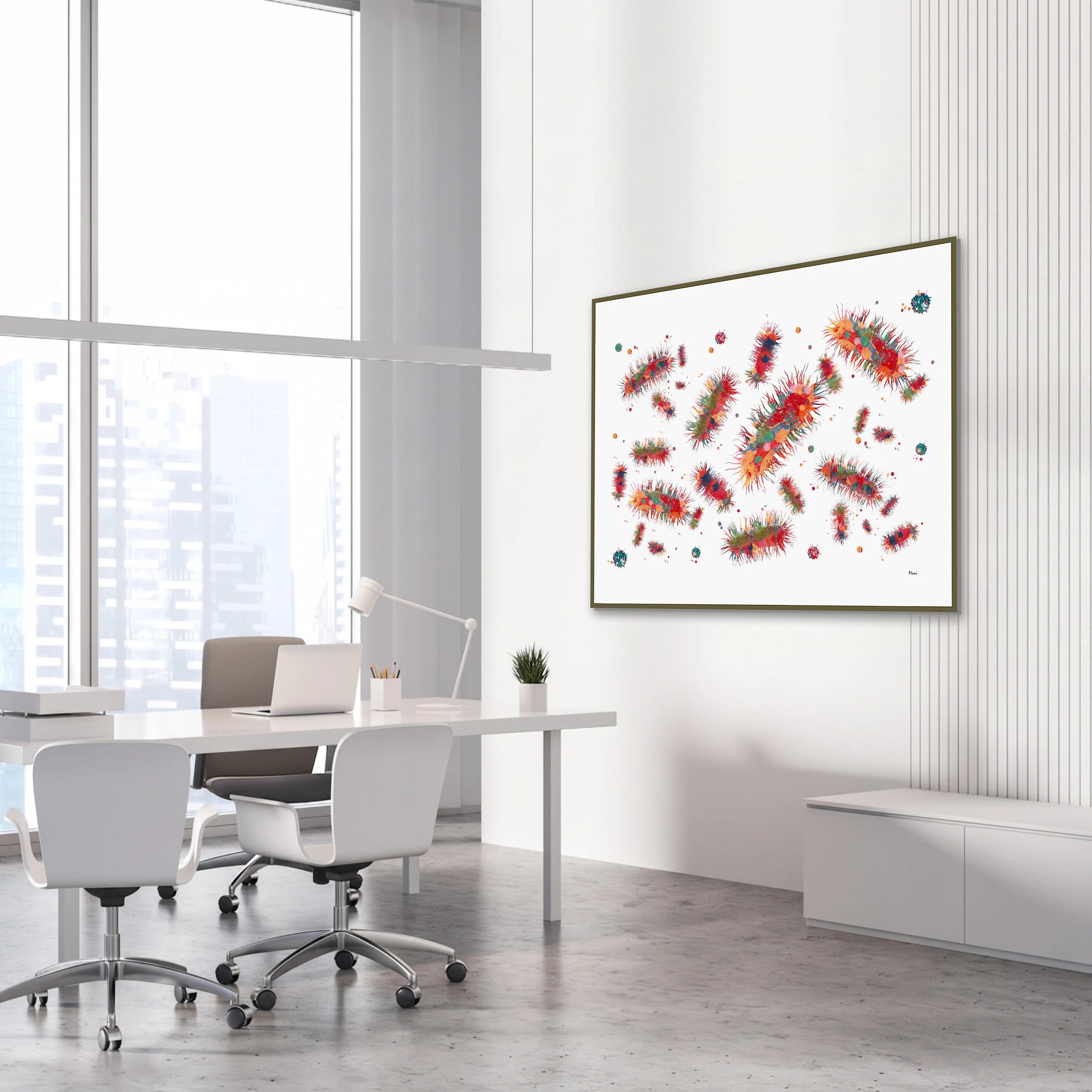 Framed escherichia coli (e. coli) watercolor print in a science laboratory office