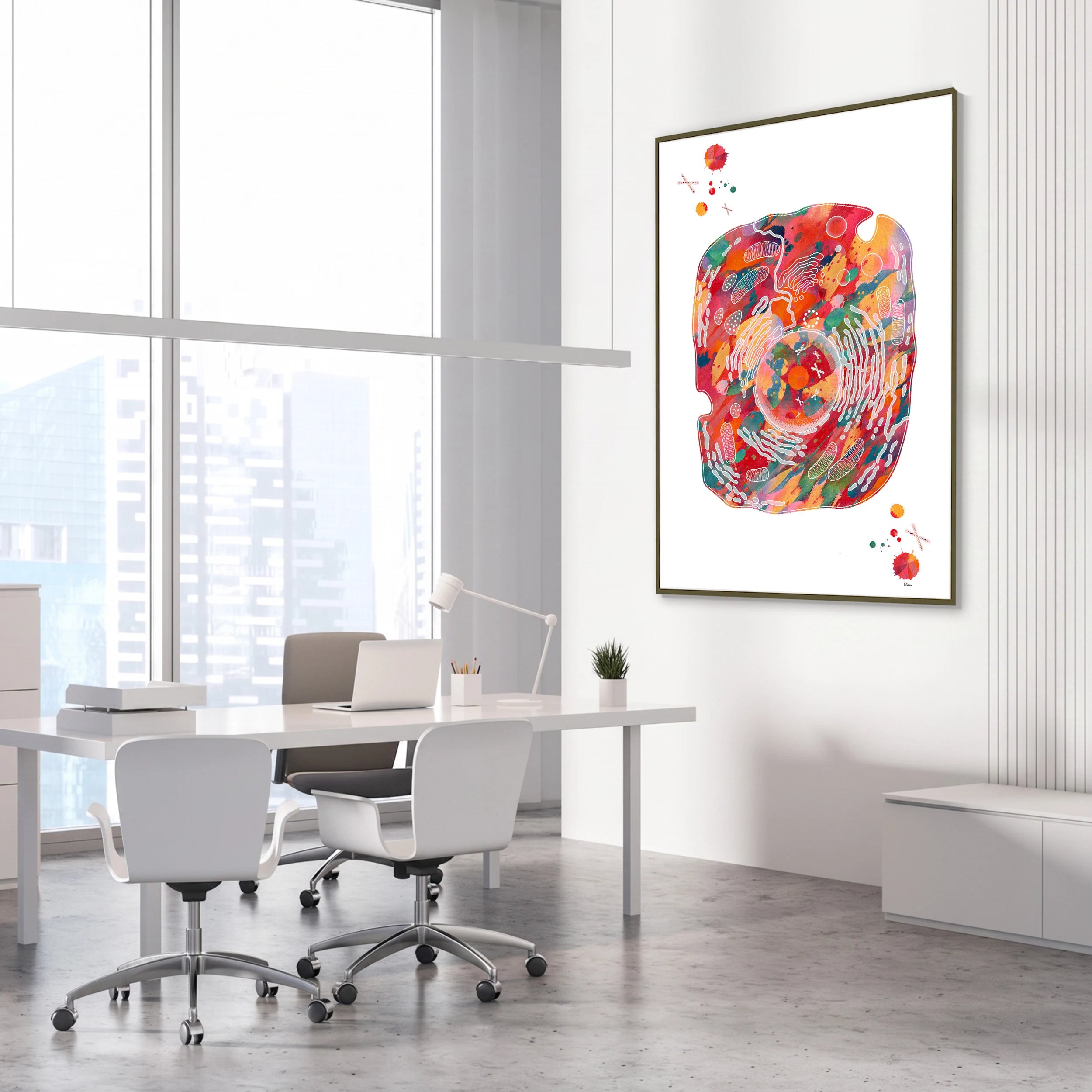 Framed eukaryotic cell abstract watercolor print in a science laboratory office