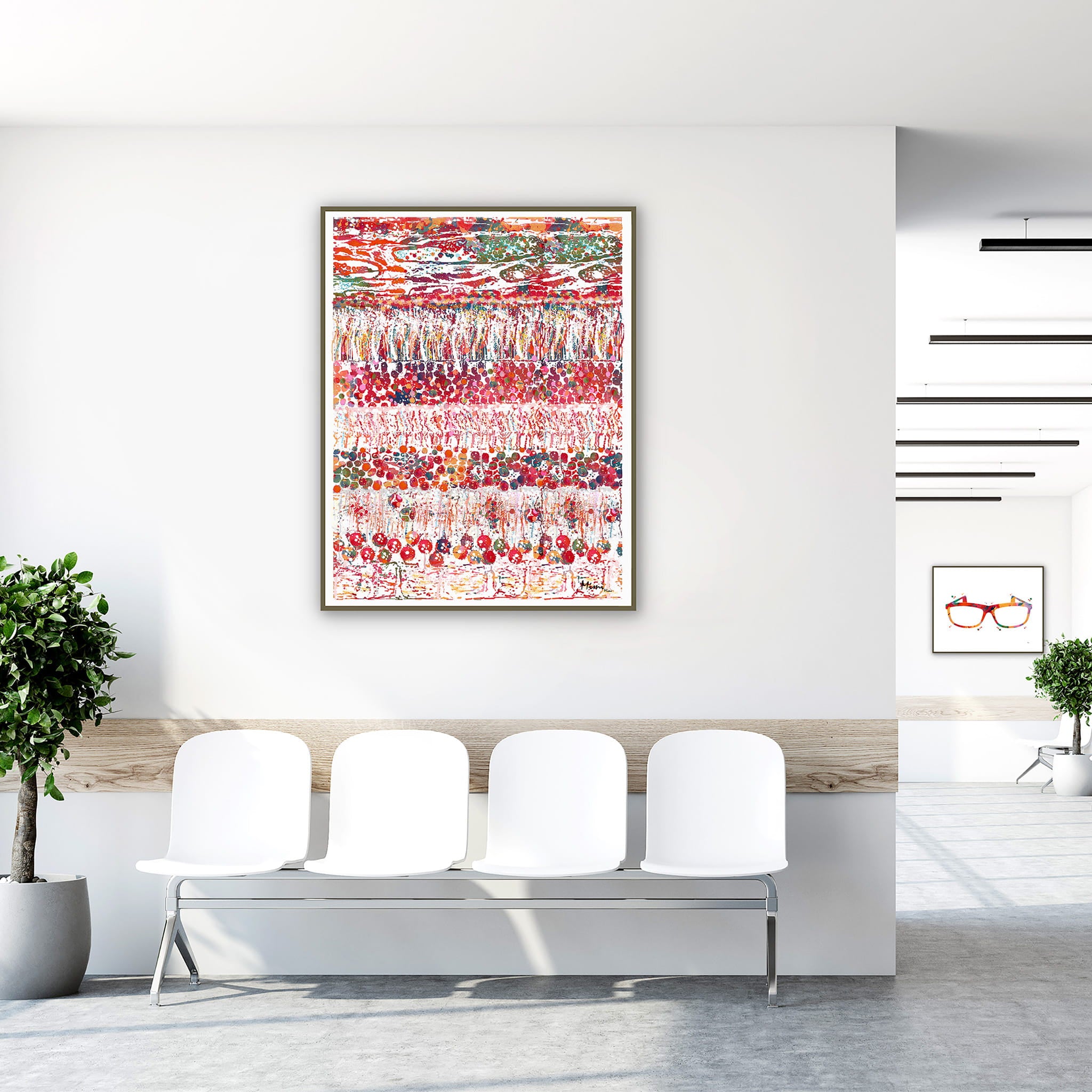 Framed eye anatomy & retina layers watercolor print in a clinic waiting room