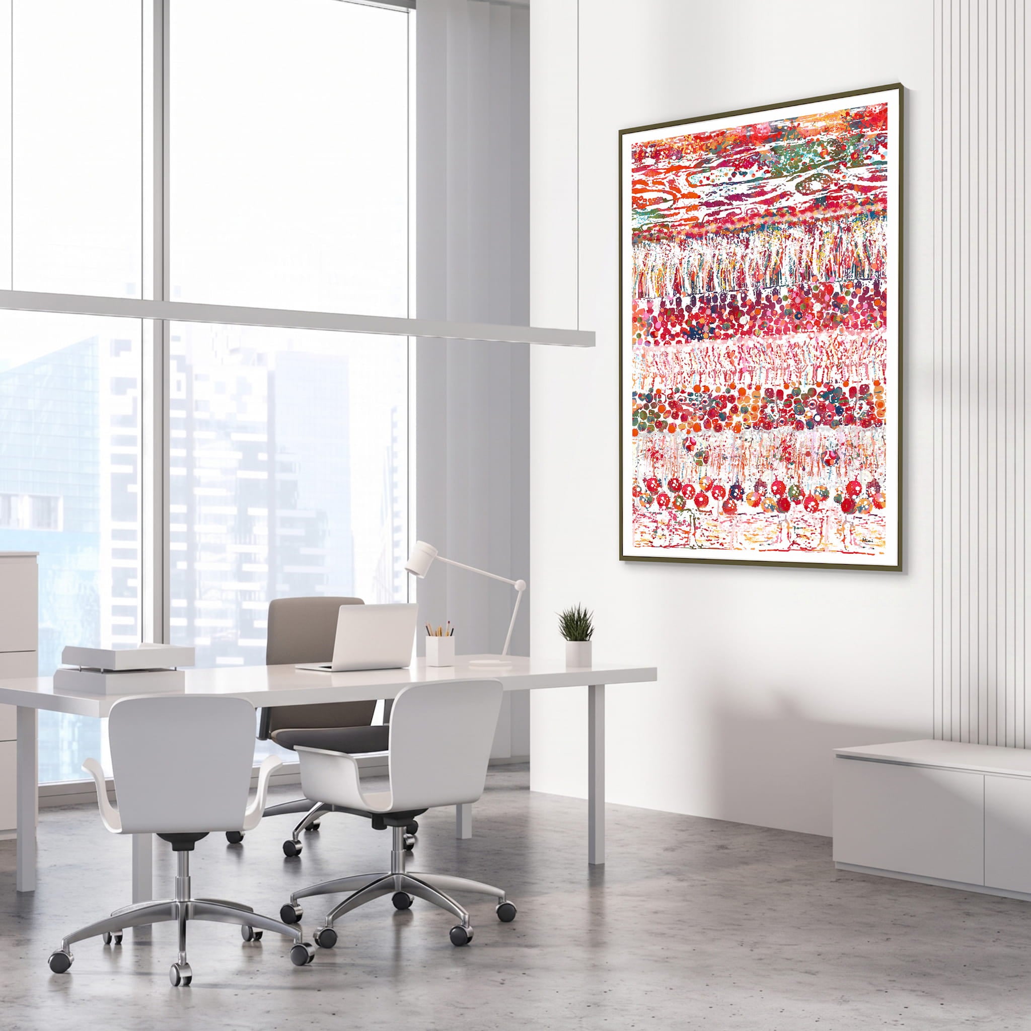 Framed eye anatomy & retina layers watercolor print in an ophthalmology clinic