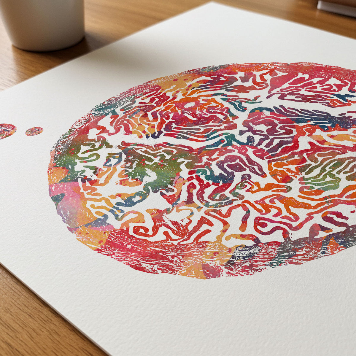 Close-up of fallopian tube anatomy watercolor print showing paper texture and grain