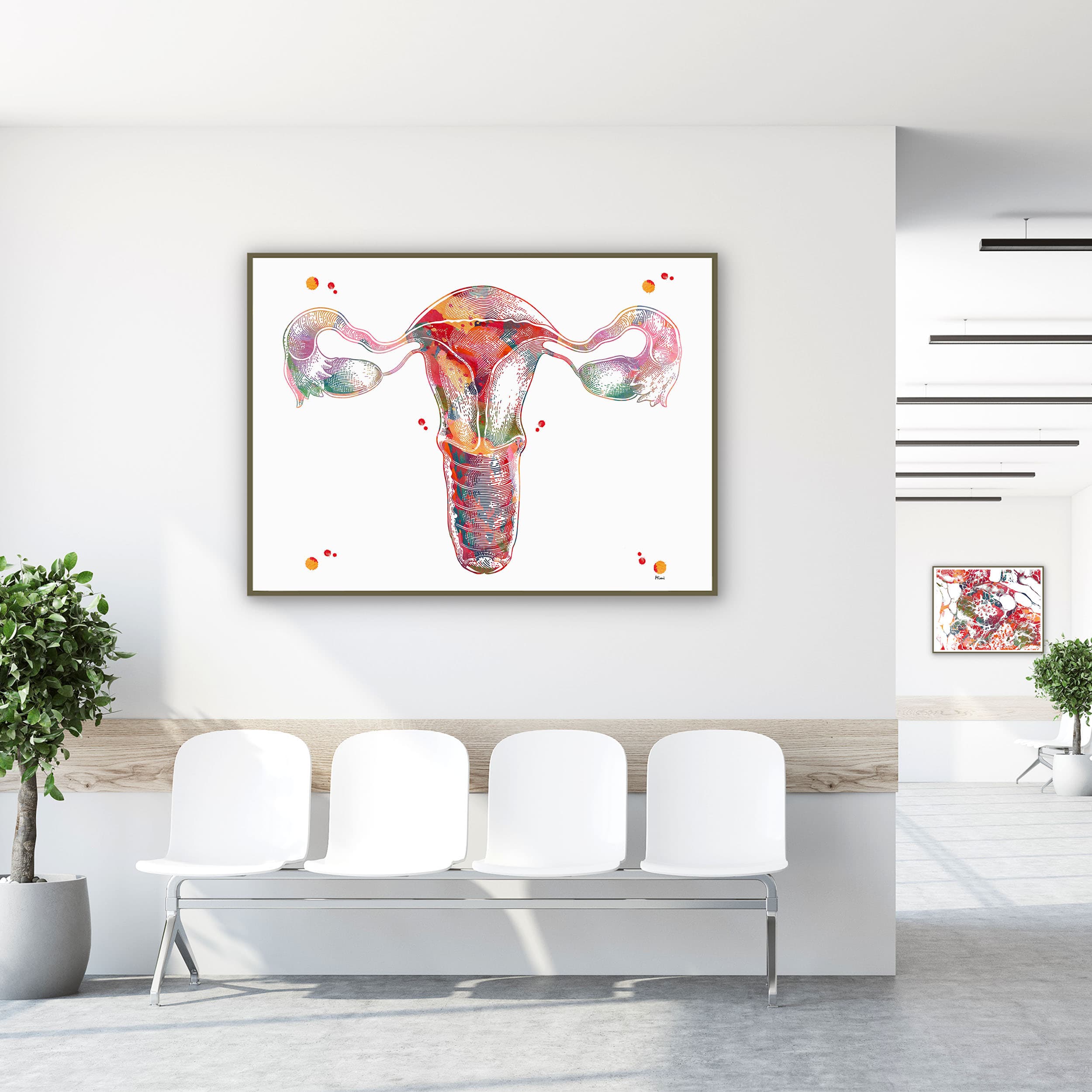 Framed female reproductive system anatomy watercolor print in a clinic waiting room