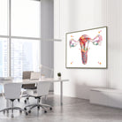 Framed female reproductive system anatomy watercolor print in an OB-GYN clinic