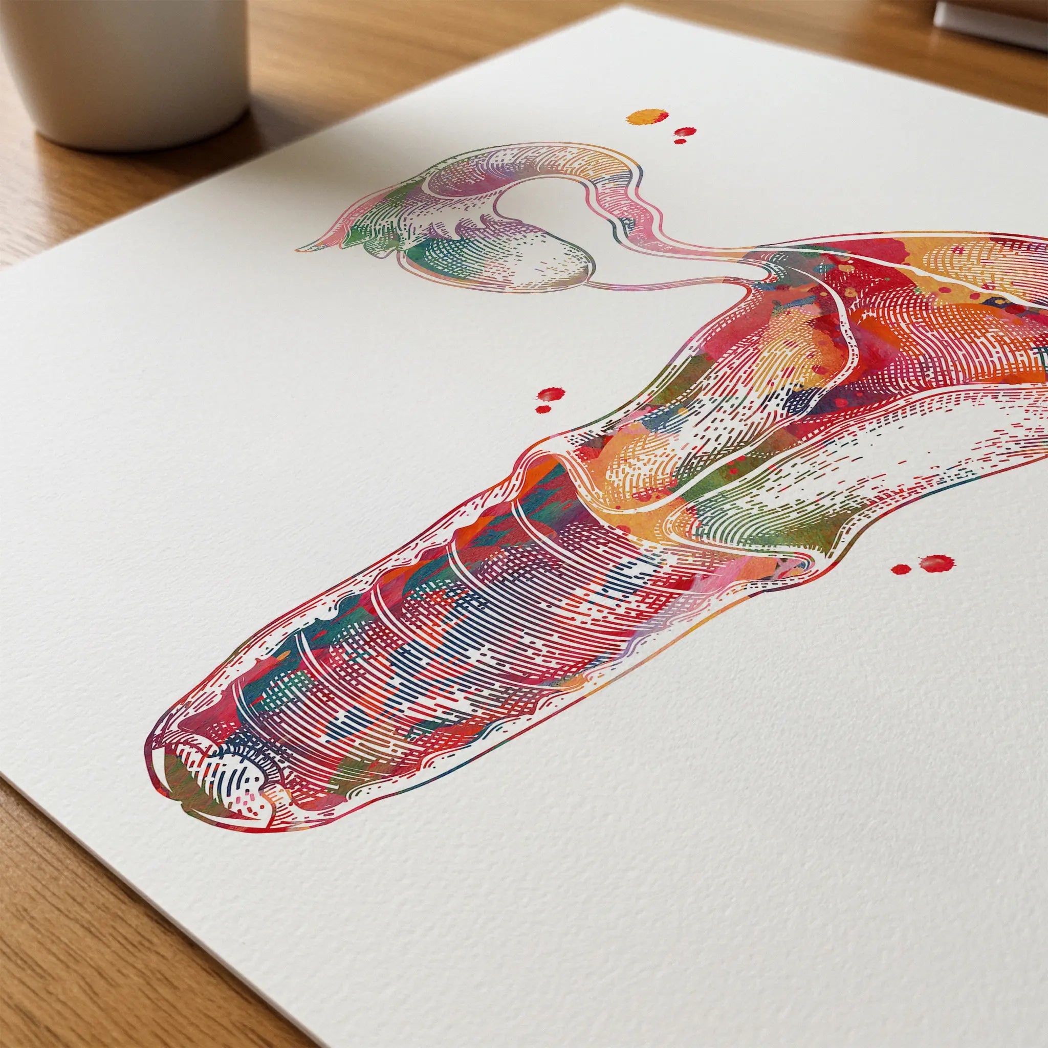 Close-up of female reproductive system anatomy watercolor print showing paper texture and grain