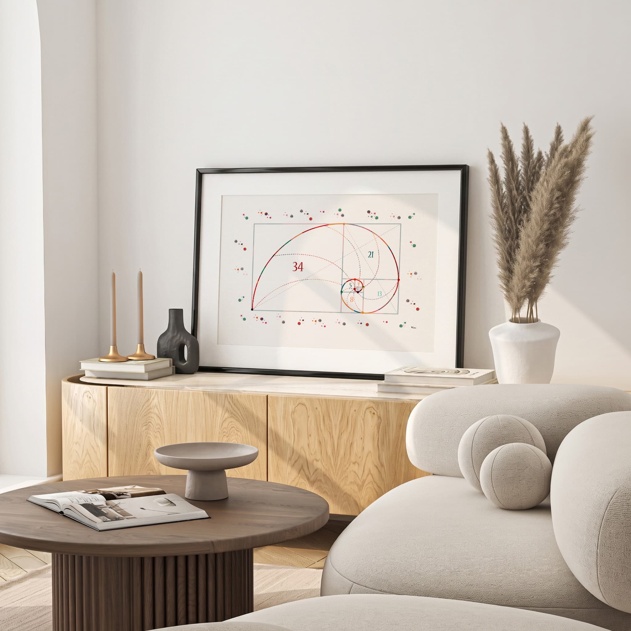Framed fibonacci sequence watercolor print in a warm living room