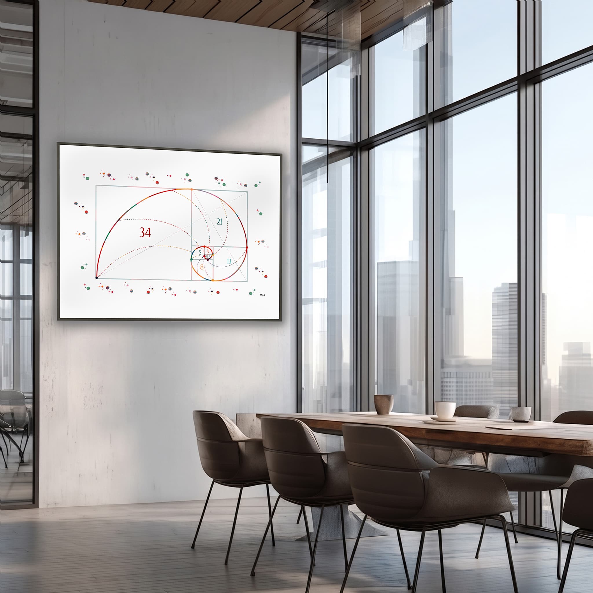 Framed fibonacci sequence watercolor print in a meeting room