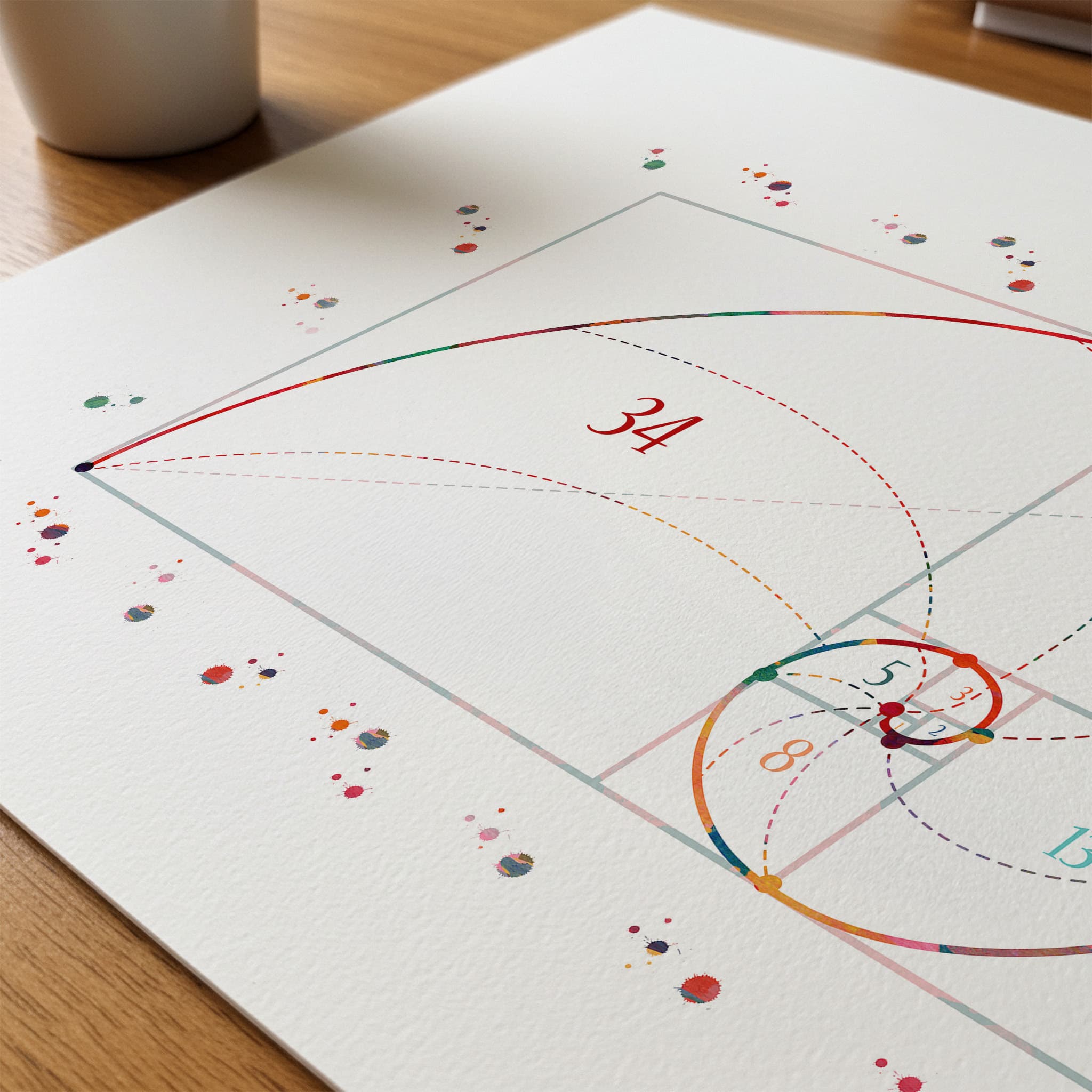 Close-up of fibonacci sequence watercolor print showing paper texture and grain