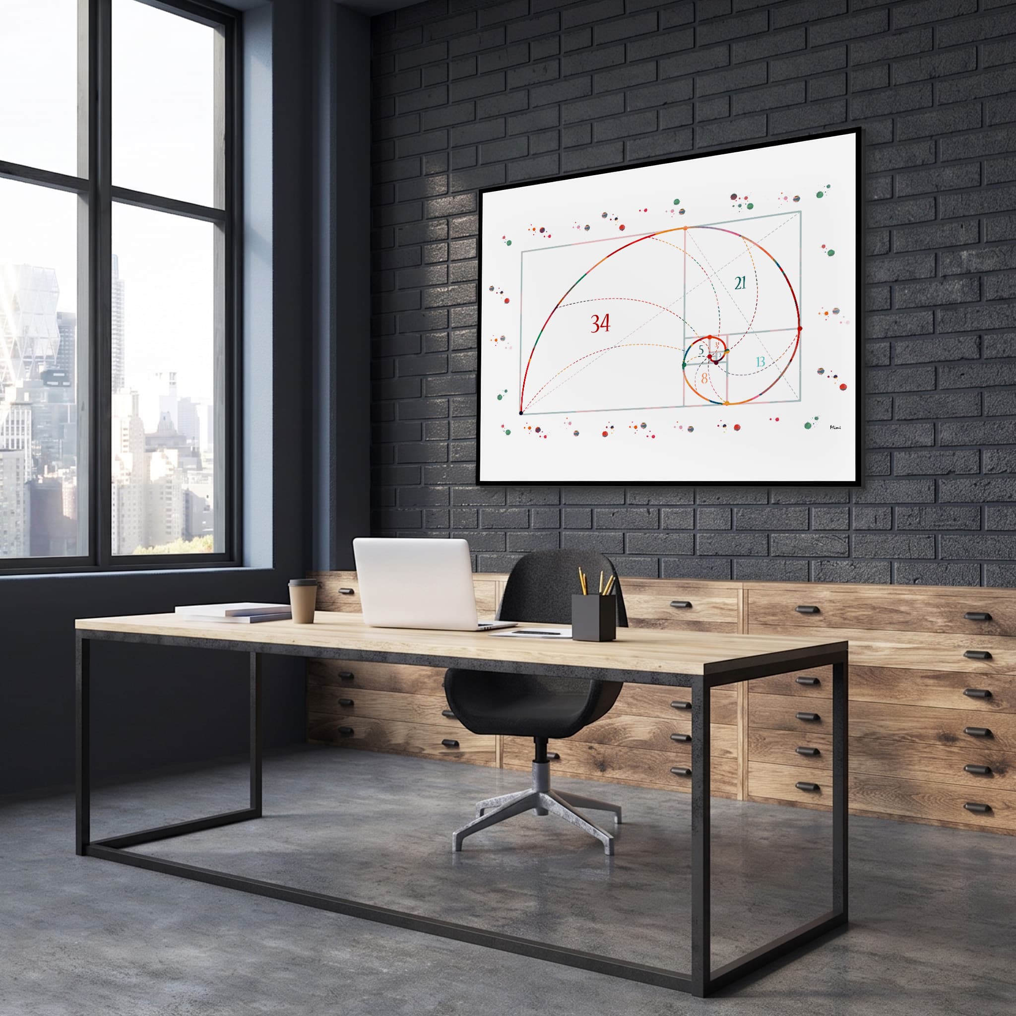 Framed fibonacci sequence watercolor print in a technology office
