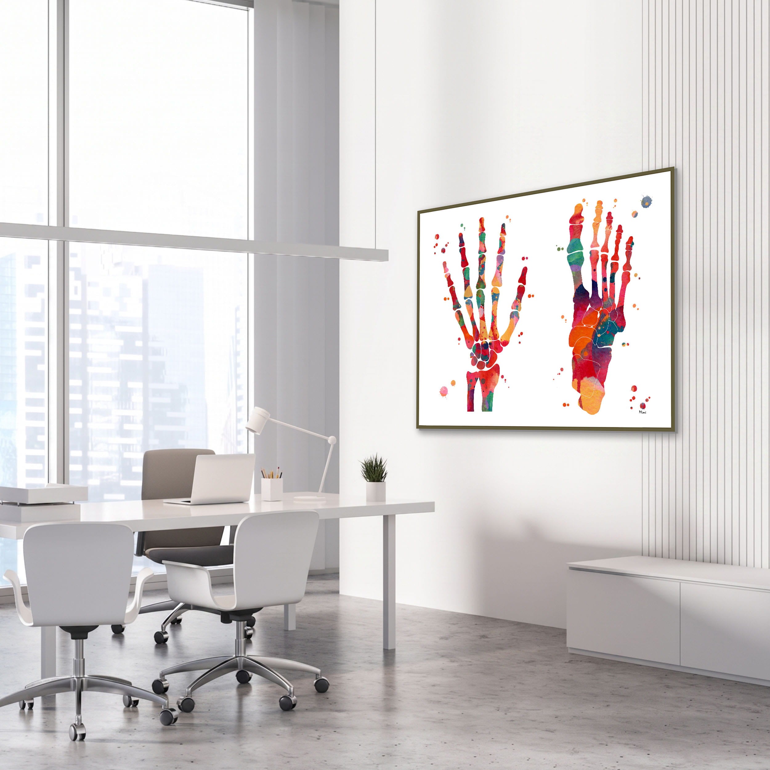 Framed foot & hand bones watercolor print in an orthopedic clinic