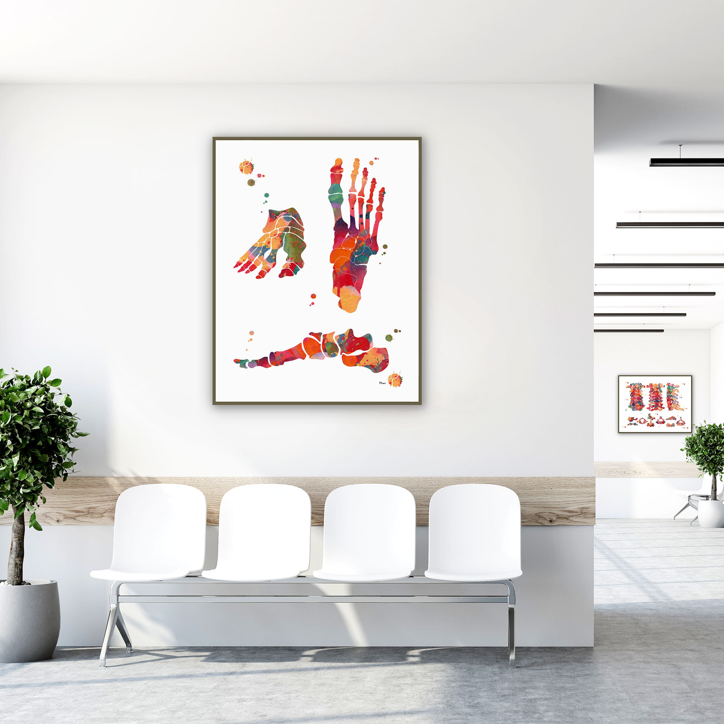 Framed foot bones anatomy watercolor print in a clinic waiting room