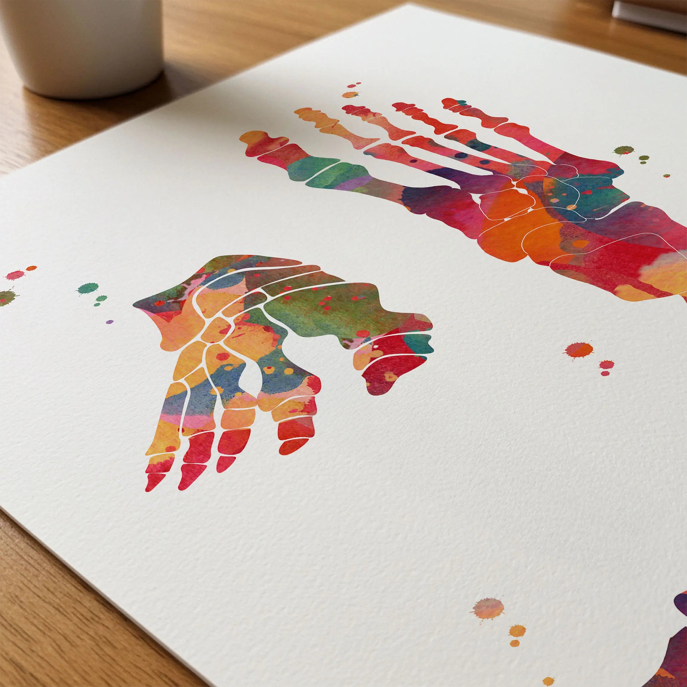 Close-up of foot bones anatomy watercolor print showing paper texture and grain