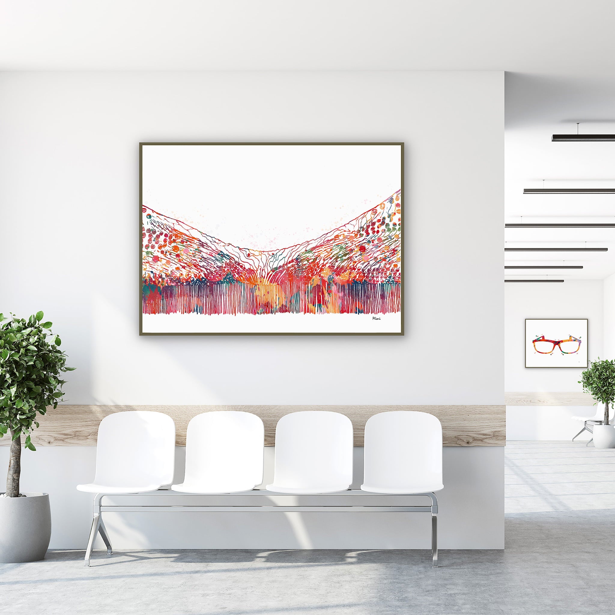 Framed fovea of the eye watercolor print in a clinic waiting room