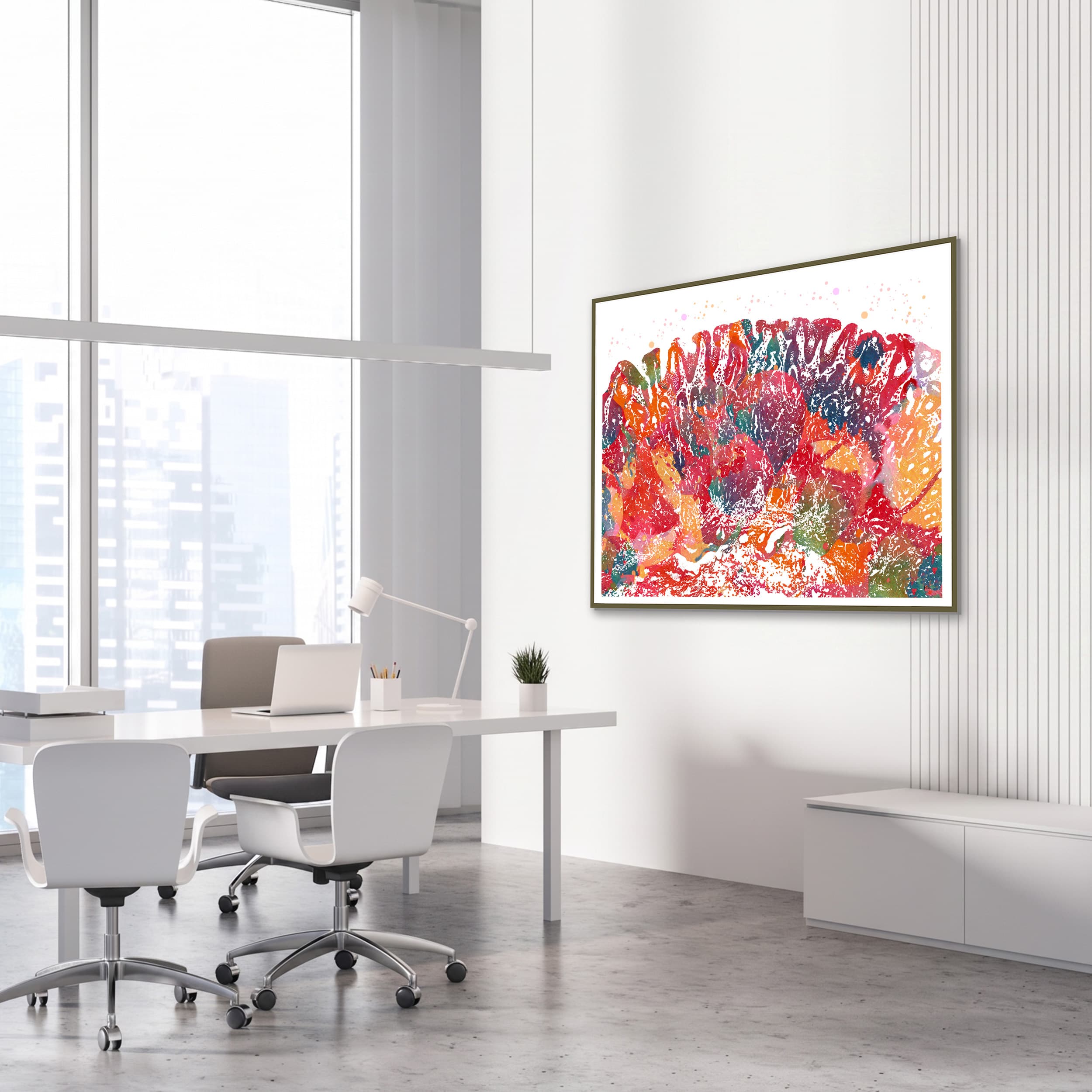 Framed gastric mucosa watercolor print in a gastroenterology clinic