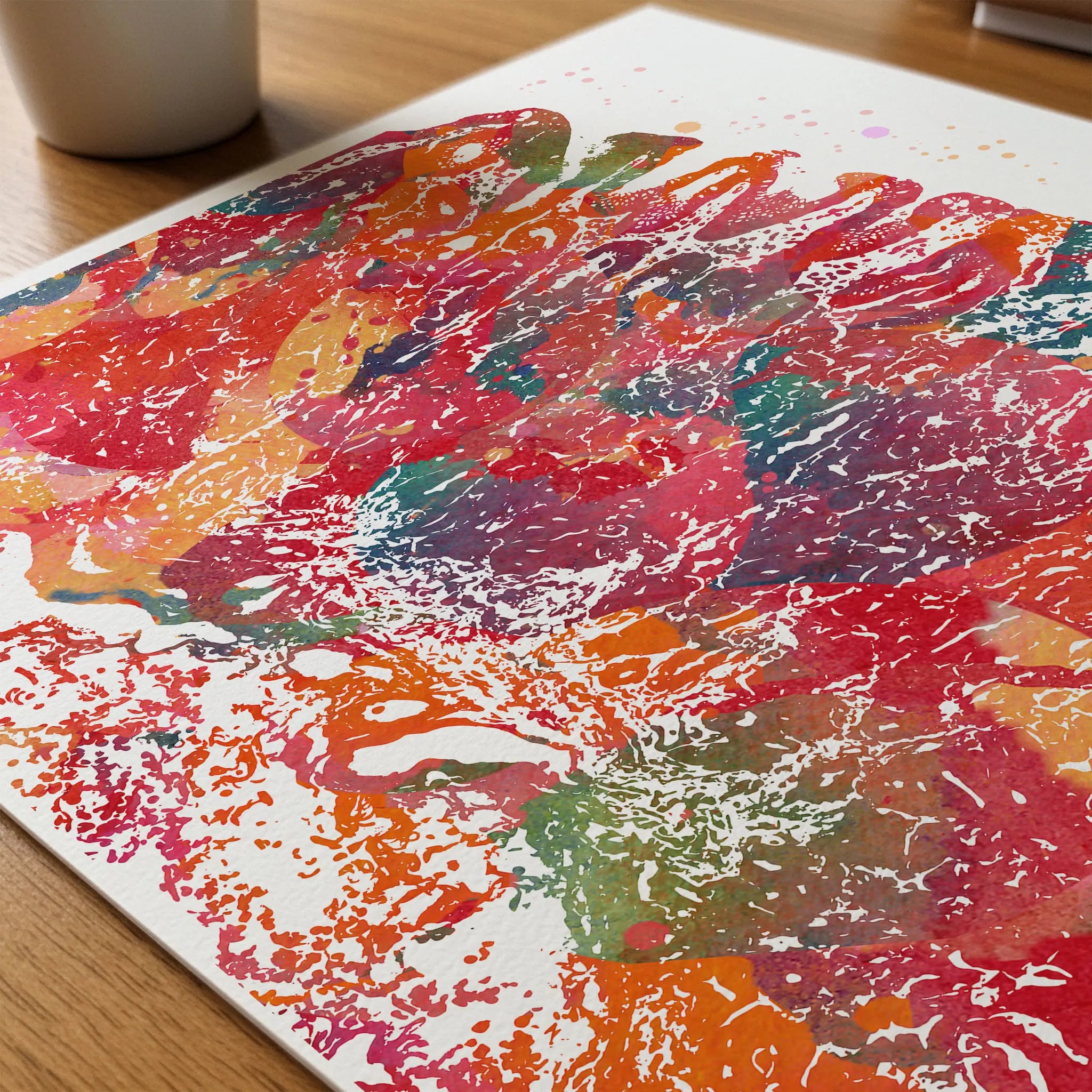 Close-up of gastric mucosa watercolor print showing paper texture and grain