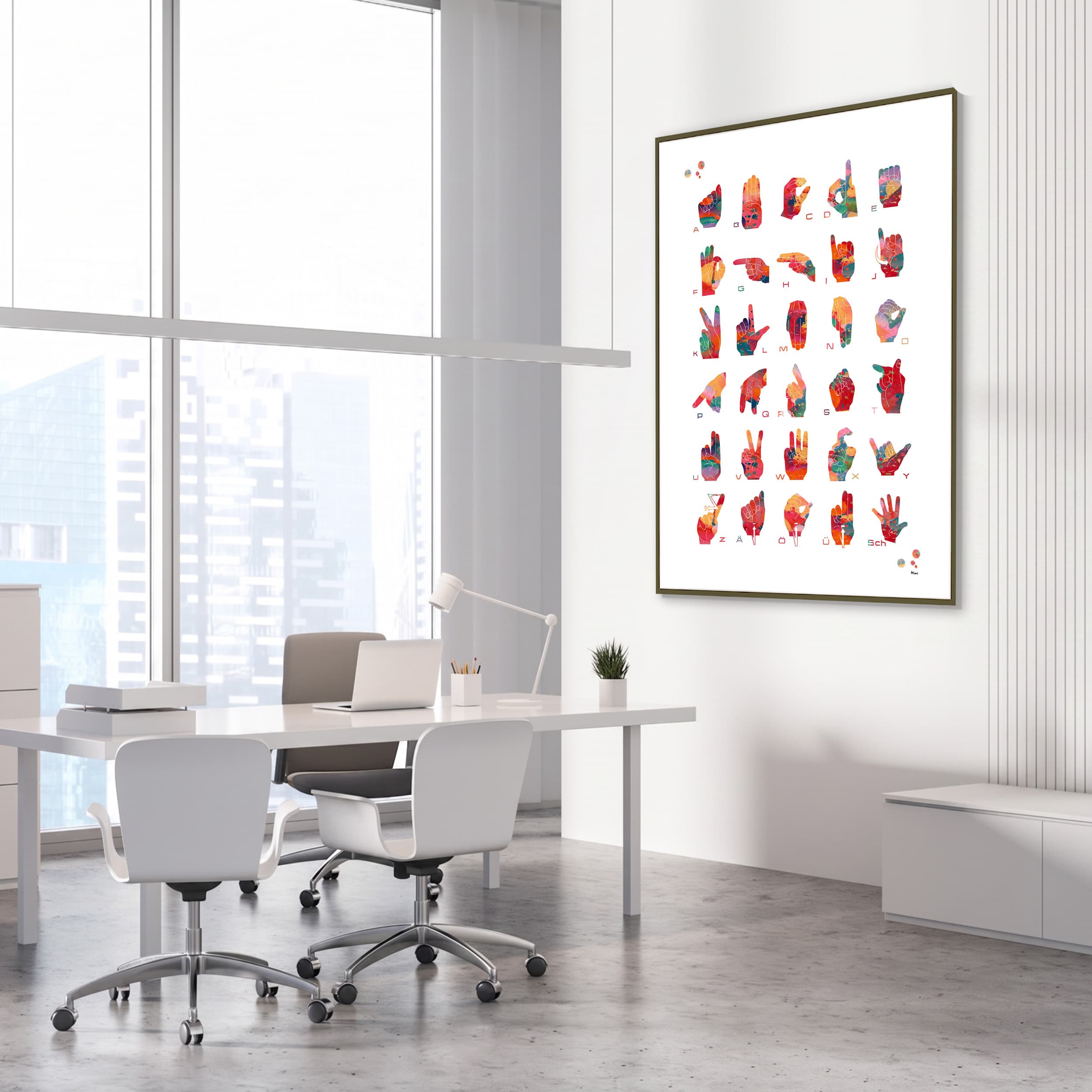 Framed german fingerspelling alphabet watercolor print in an ENT clinic