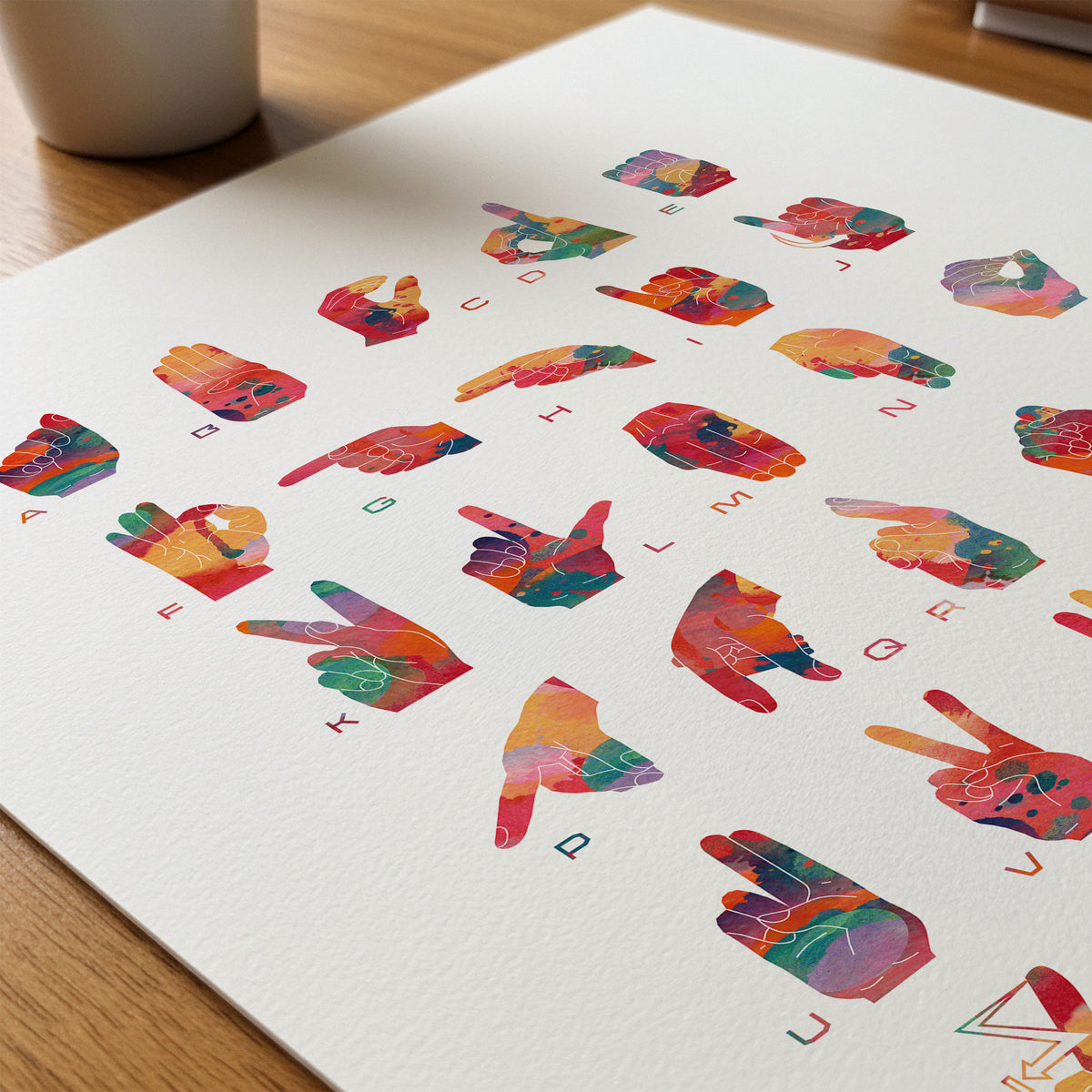 Close-up of german fingerspelling alphabet watercolor print showing paper texture and grain