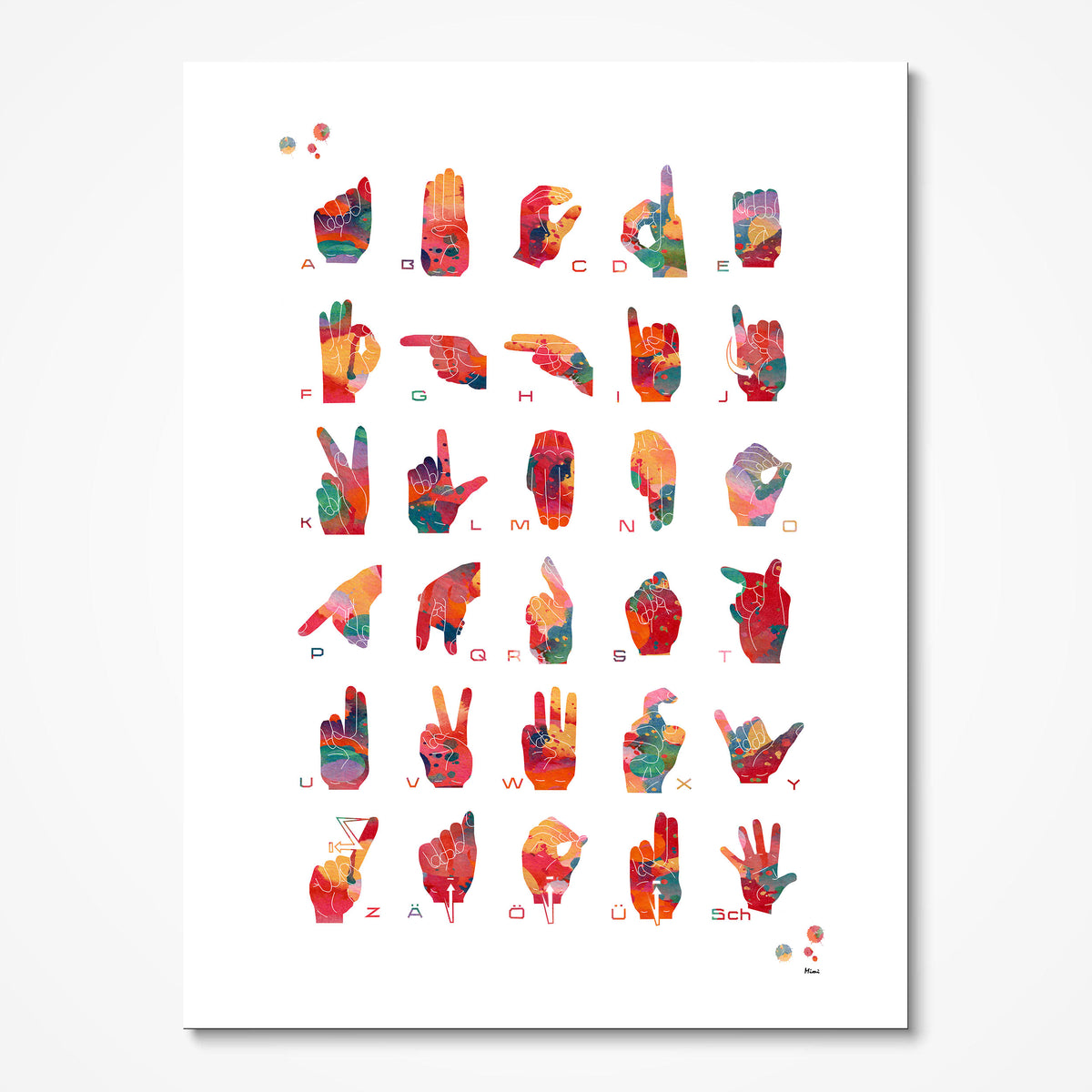 German Fingerspelling Alphabet watercolor art print for audiology clinic wall decor