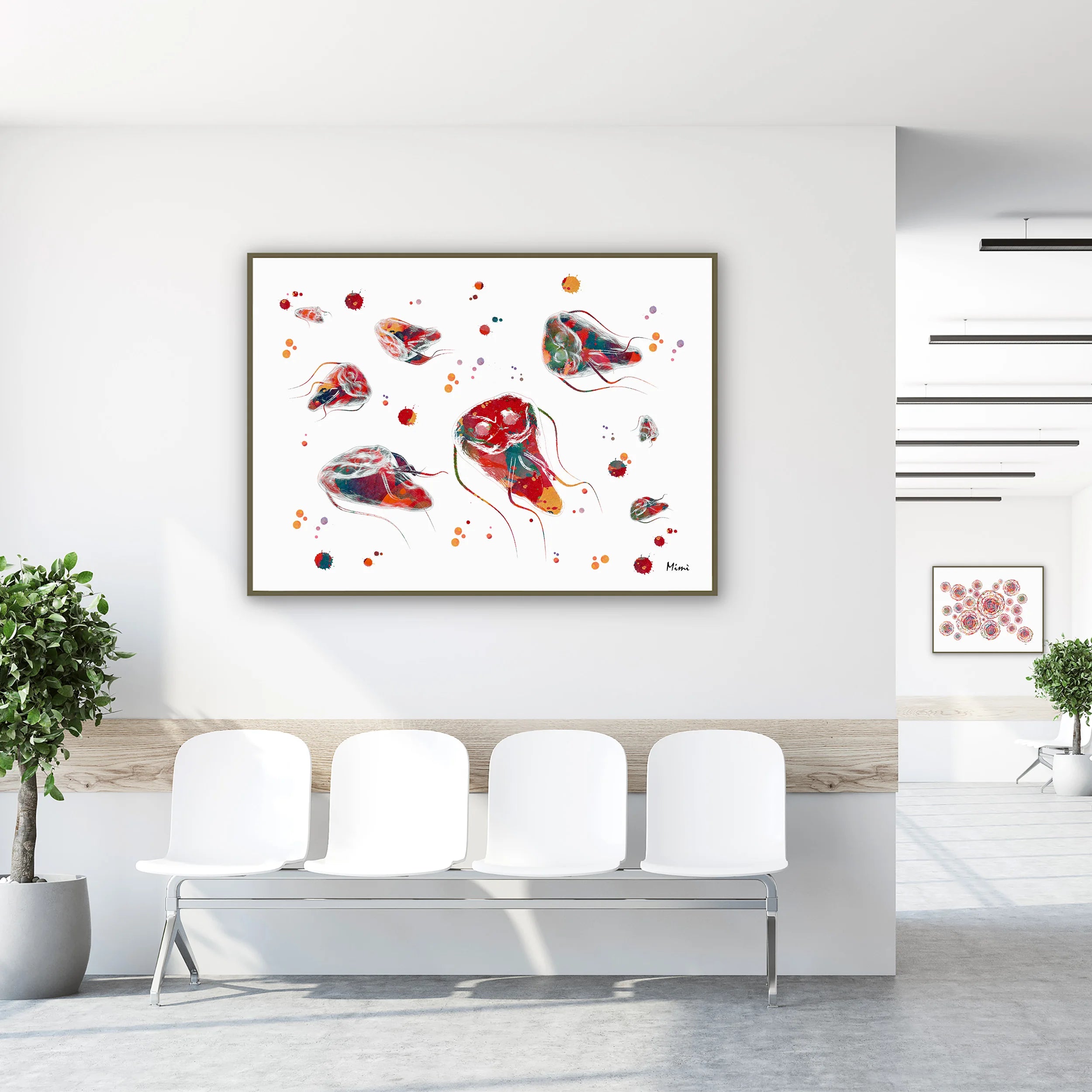 Framed giardia lamblia parasite watercolor print in a clinic waiting room
