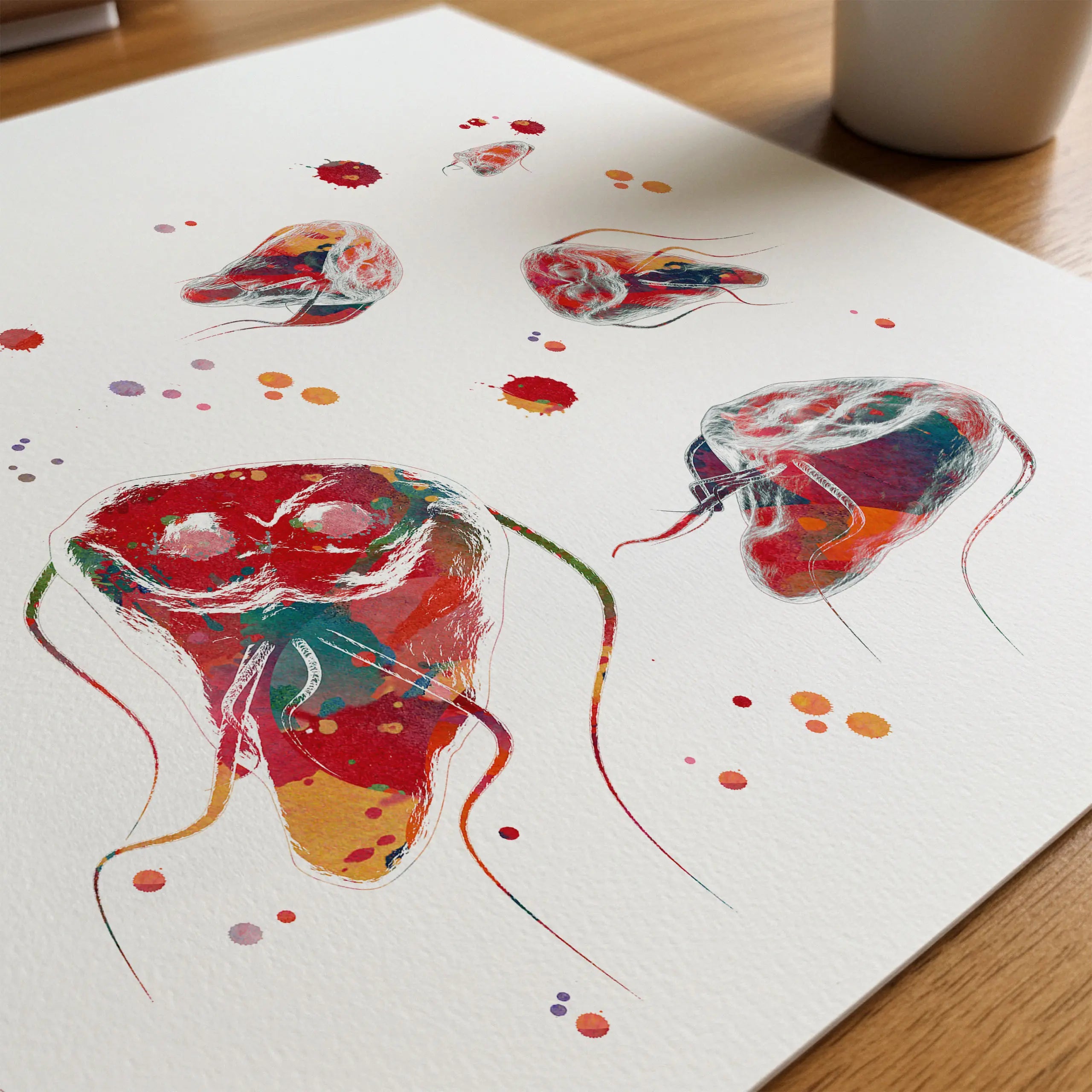 Close-up of giardia lamblia parasite watercolor print showing paper texture and grain