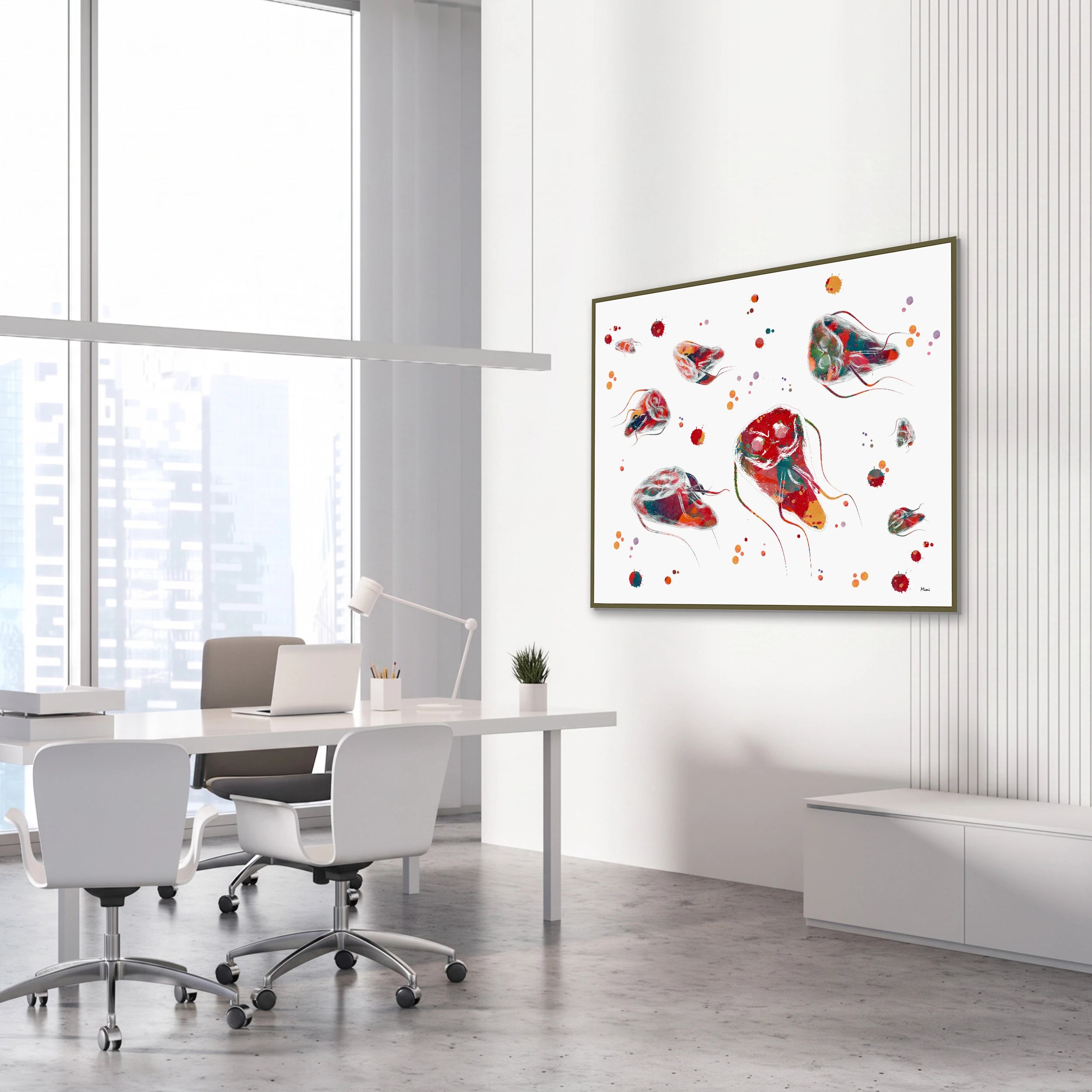 Framed giardia lamblia parasite watercolor print in a science laboratory office