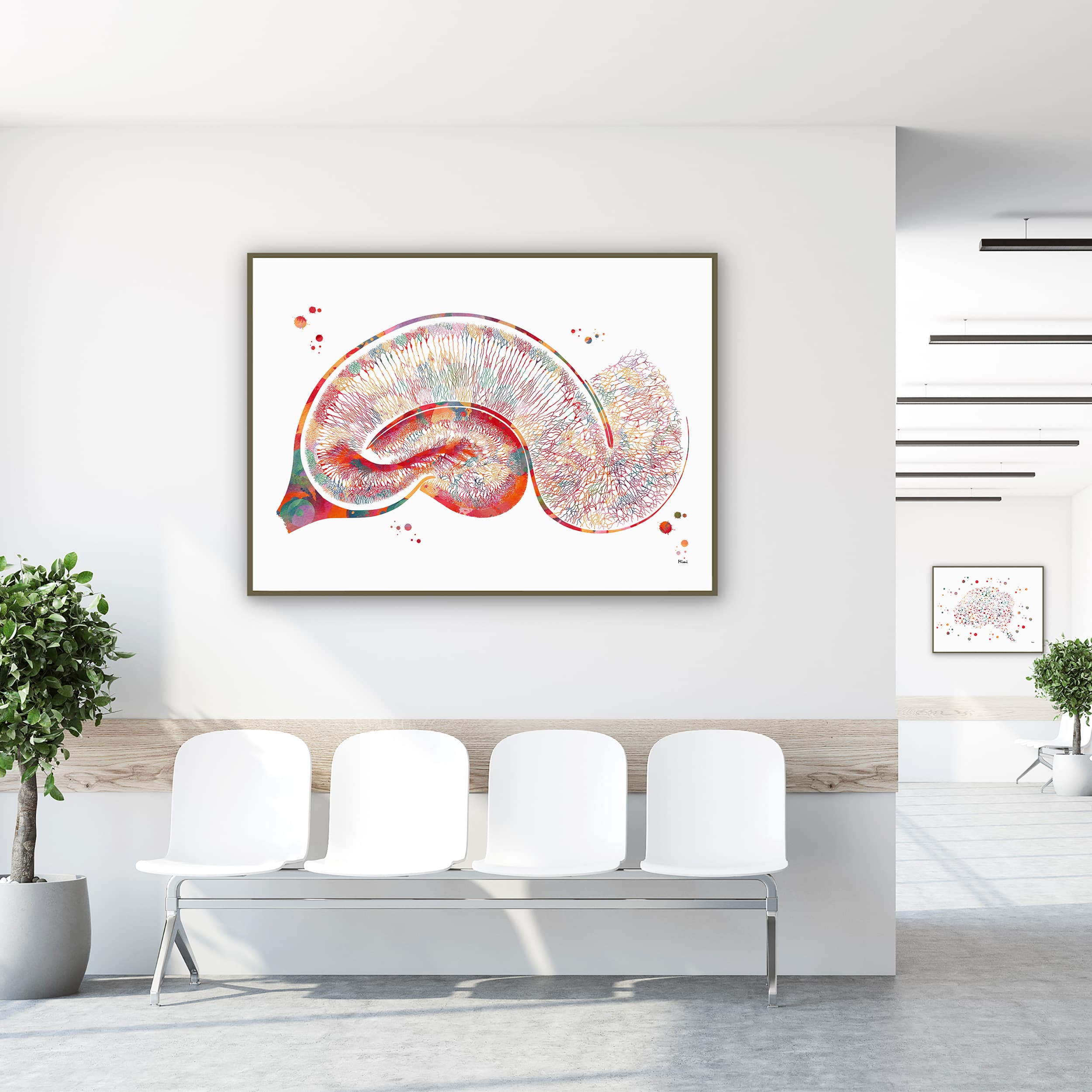 Framed golgi hippocampus neuron watercolor print in a clinic waiting room
