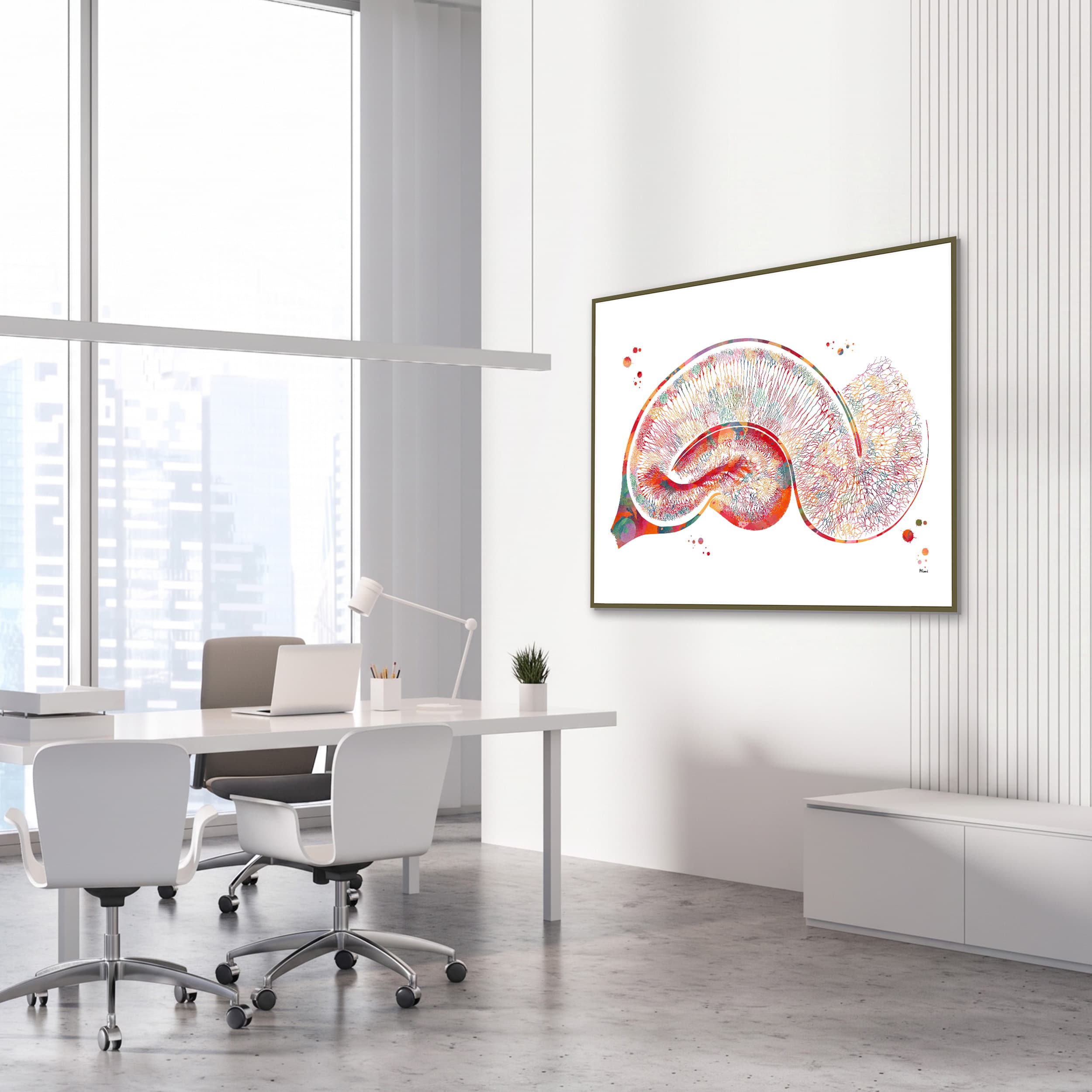 Framed golgi hippocampus neuron watercolor print in a neurology clinic