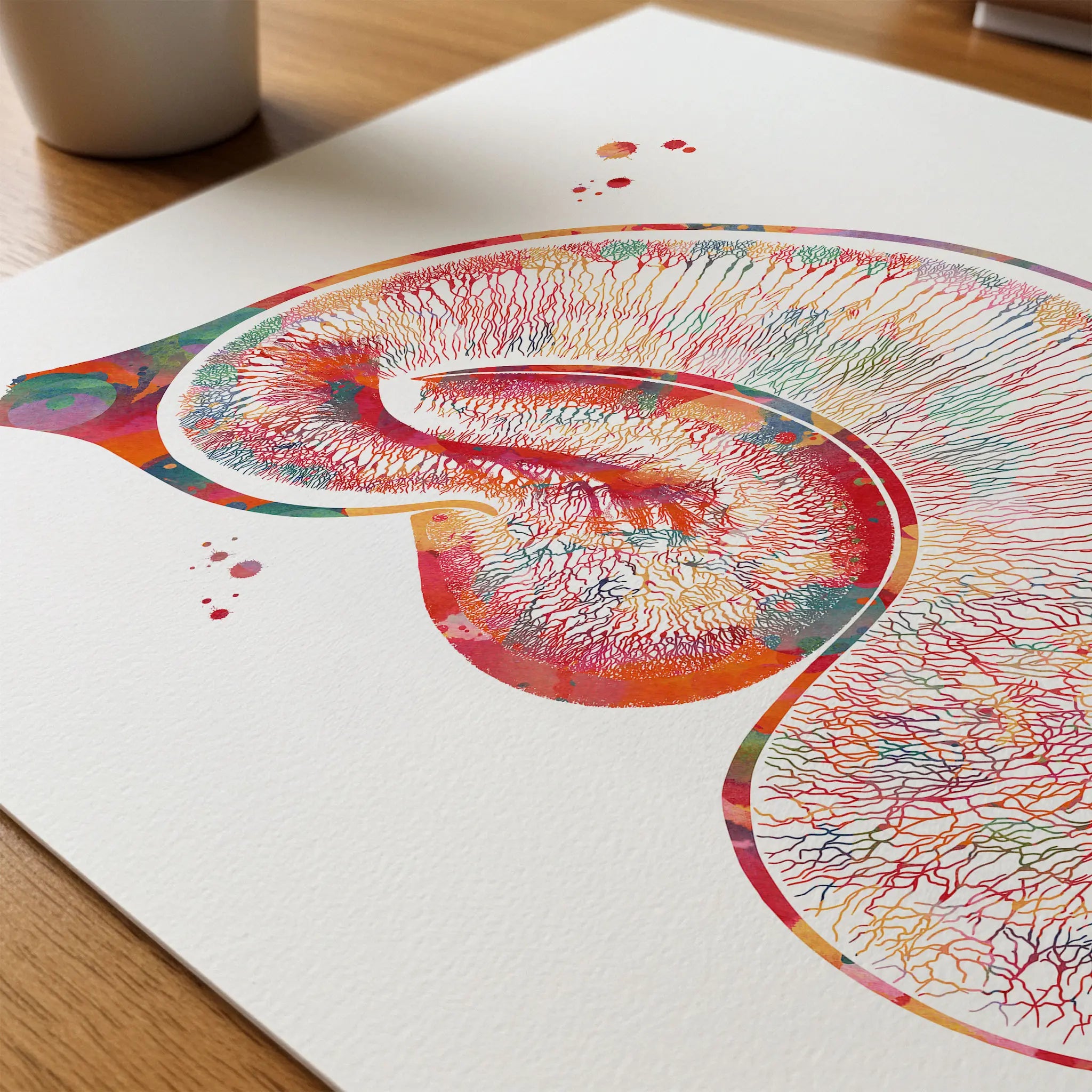 Close-up of golgi hippocampus neuron watercolor print showing paper texture and grain