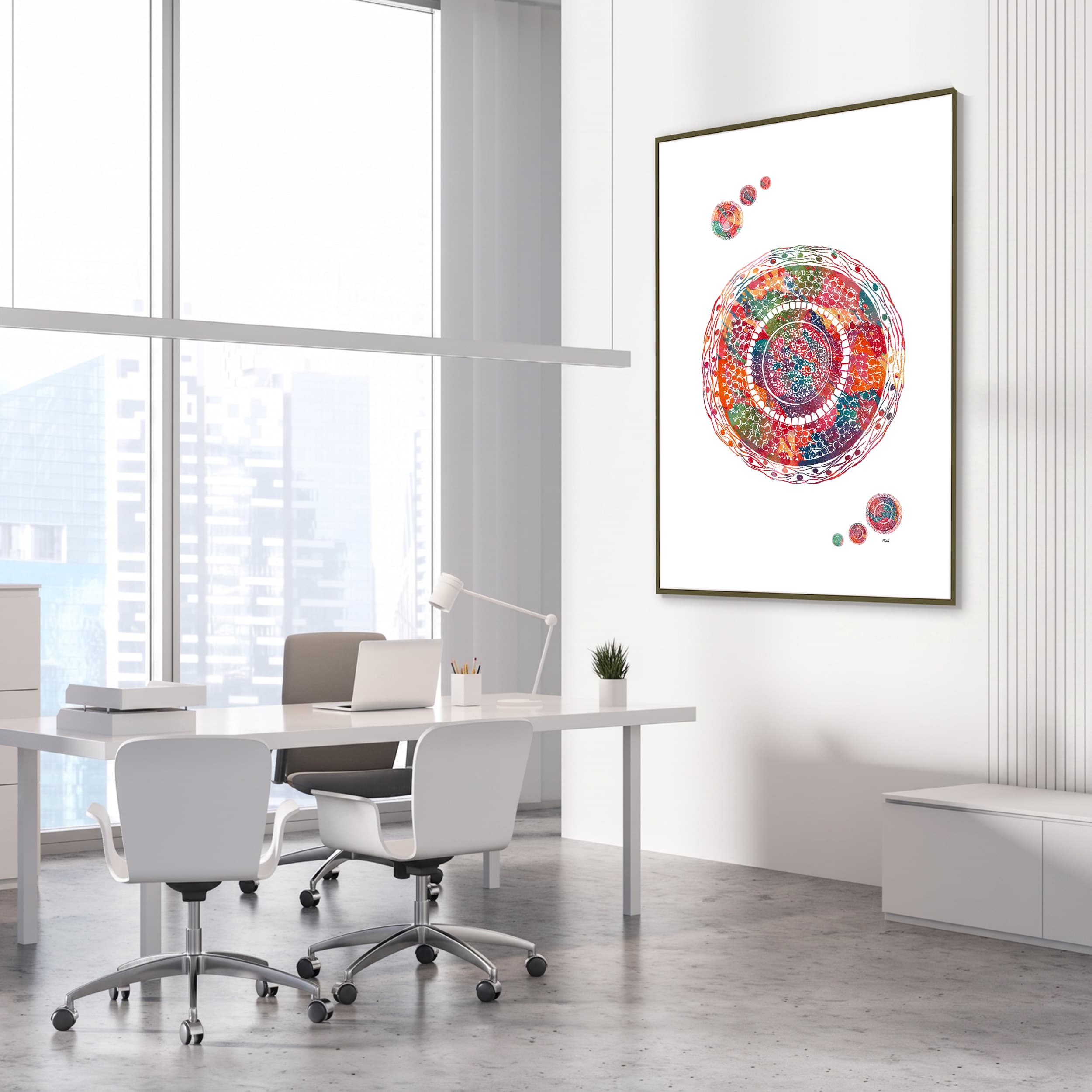 Framed hair anatomy watercolor print in a dermatology clinic
