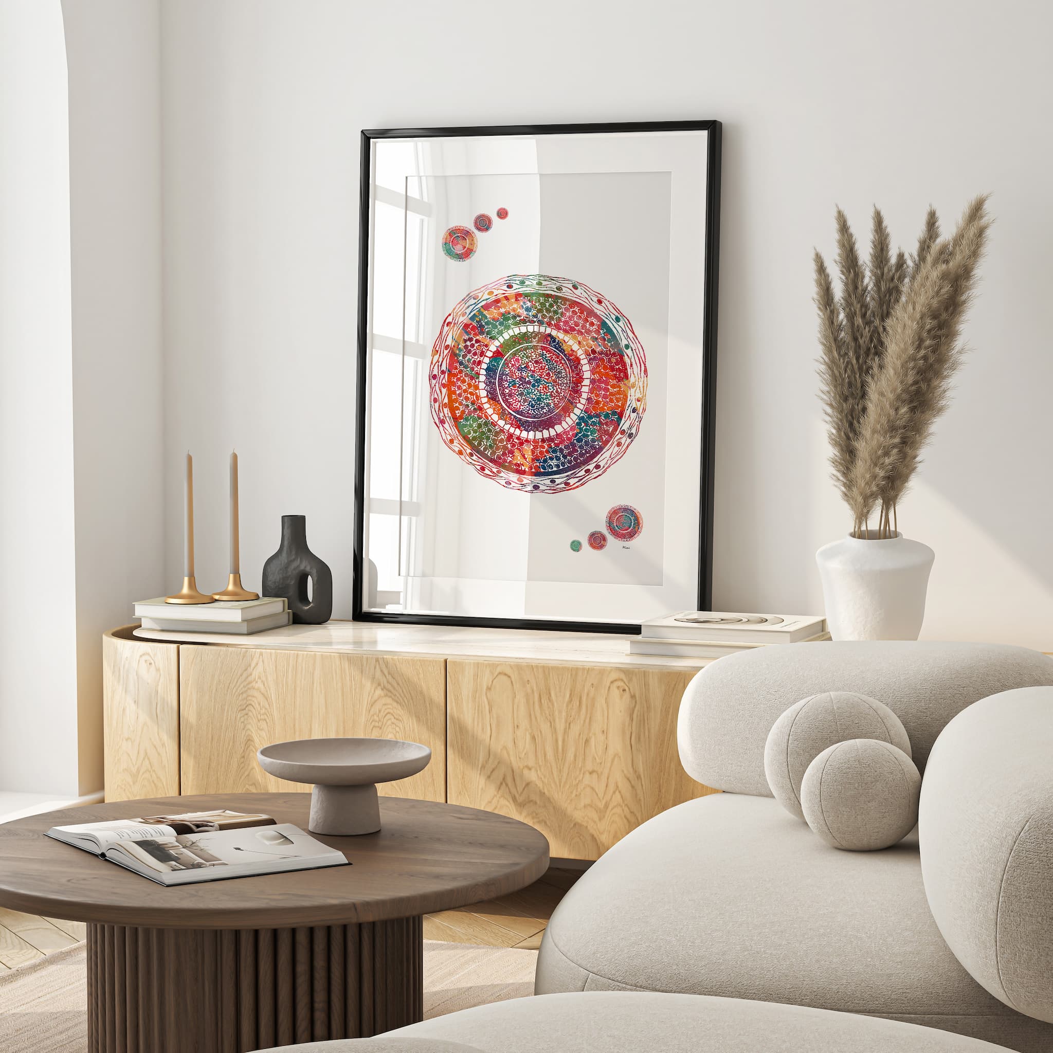 Framed hair anatomy watercolor print in a warm living room