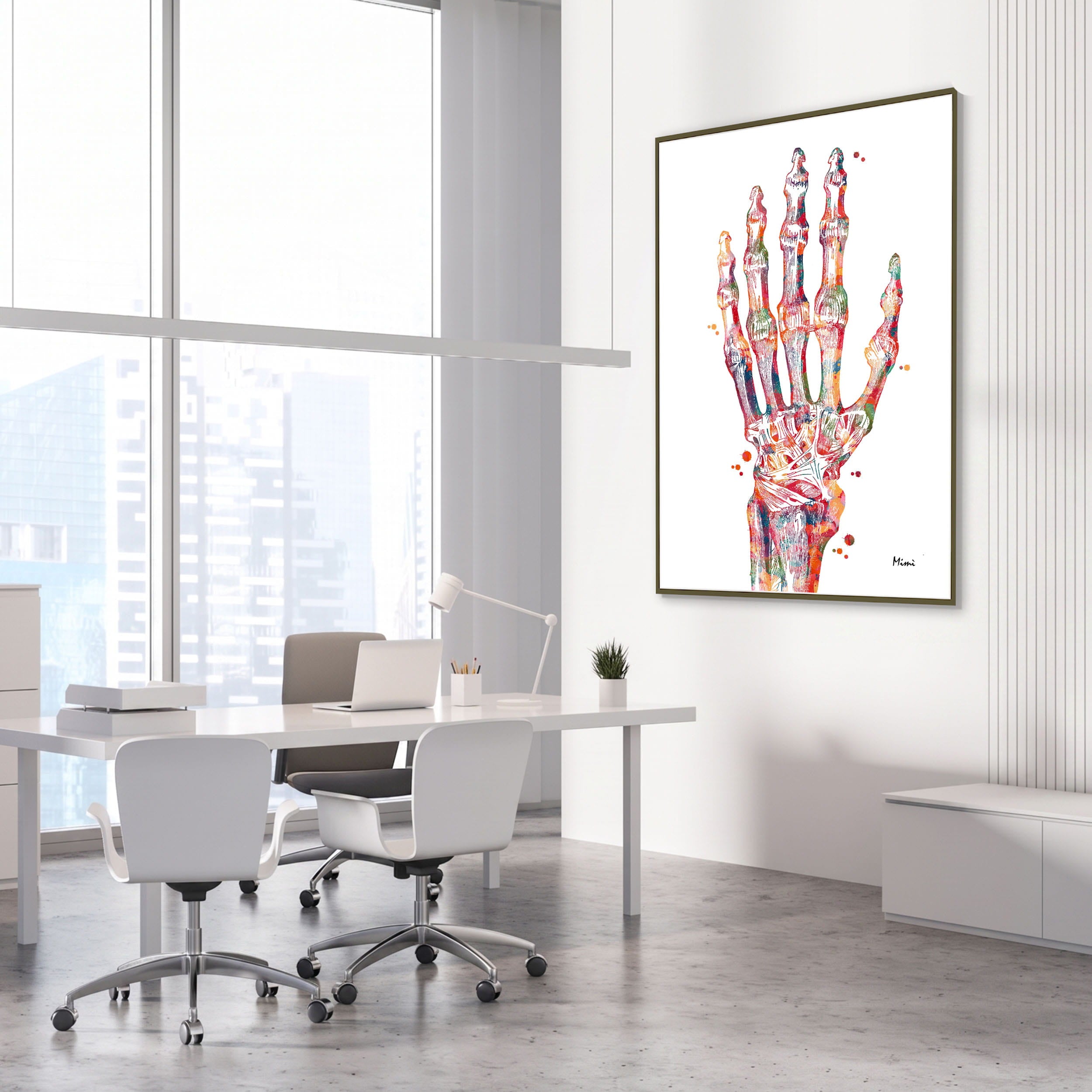 Framed hand & radiocarpal joint watercolor print in an orthopedic clinic