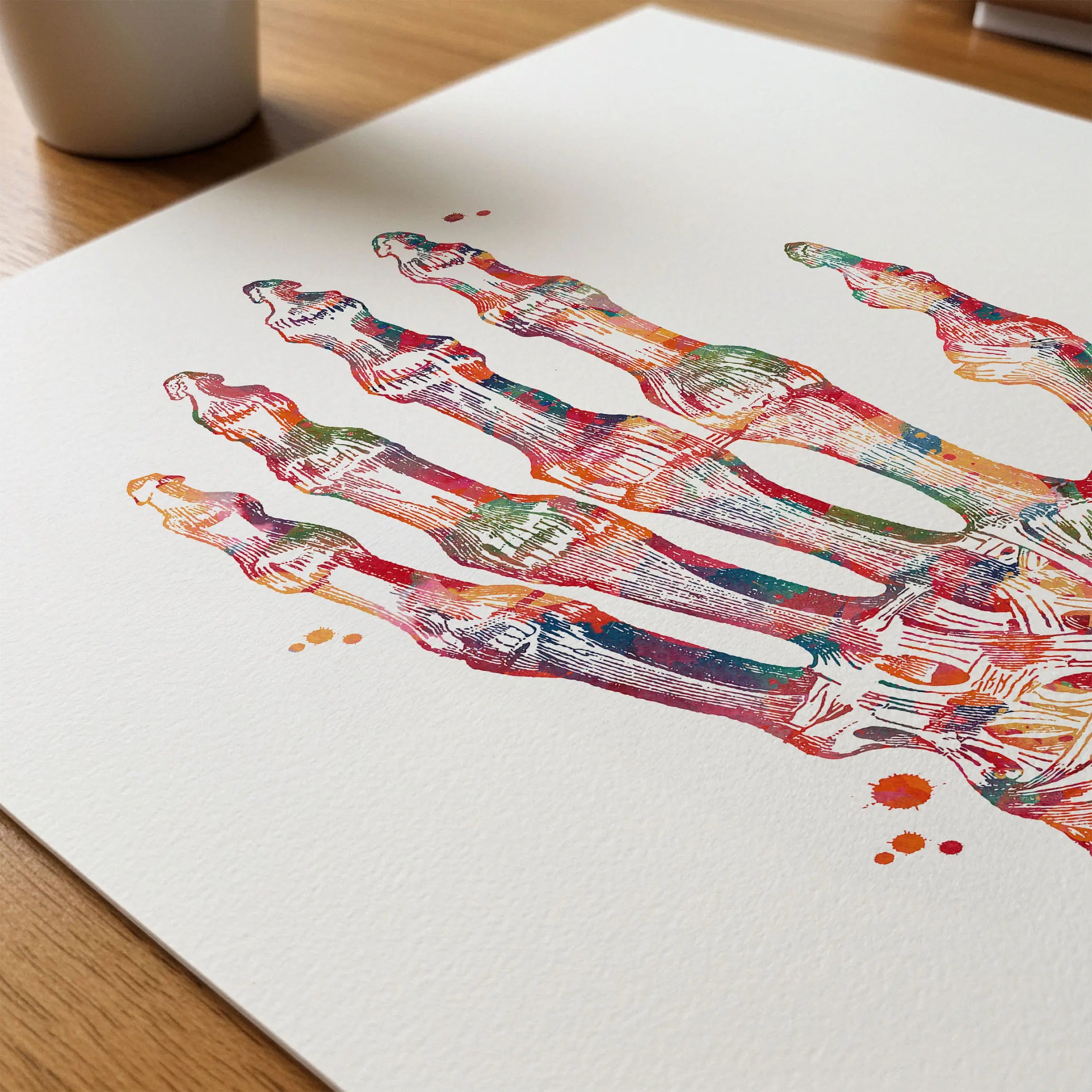 Close-up of hand & radiocarpal joint watercolor print showing paper texture and grain
