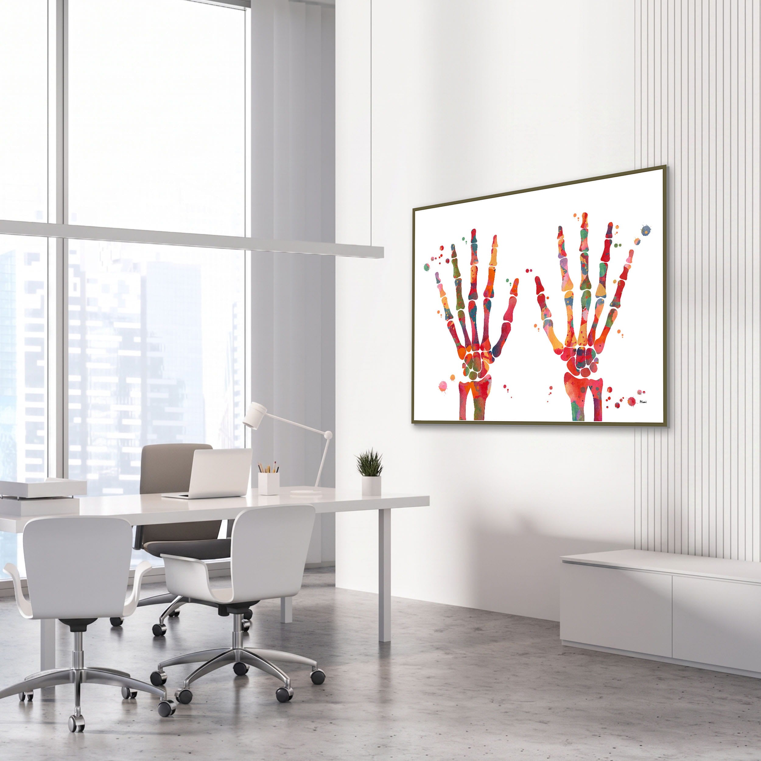 Framed hand bones & joints watercolor print in an orthopedic clinic
