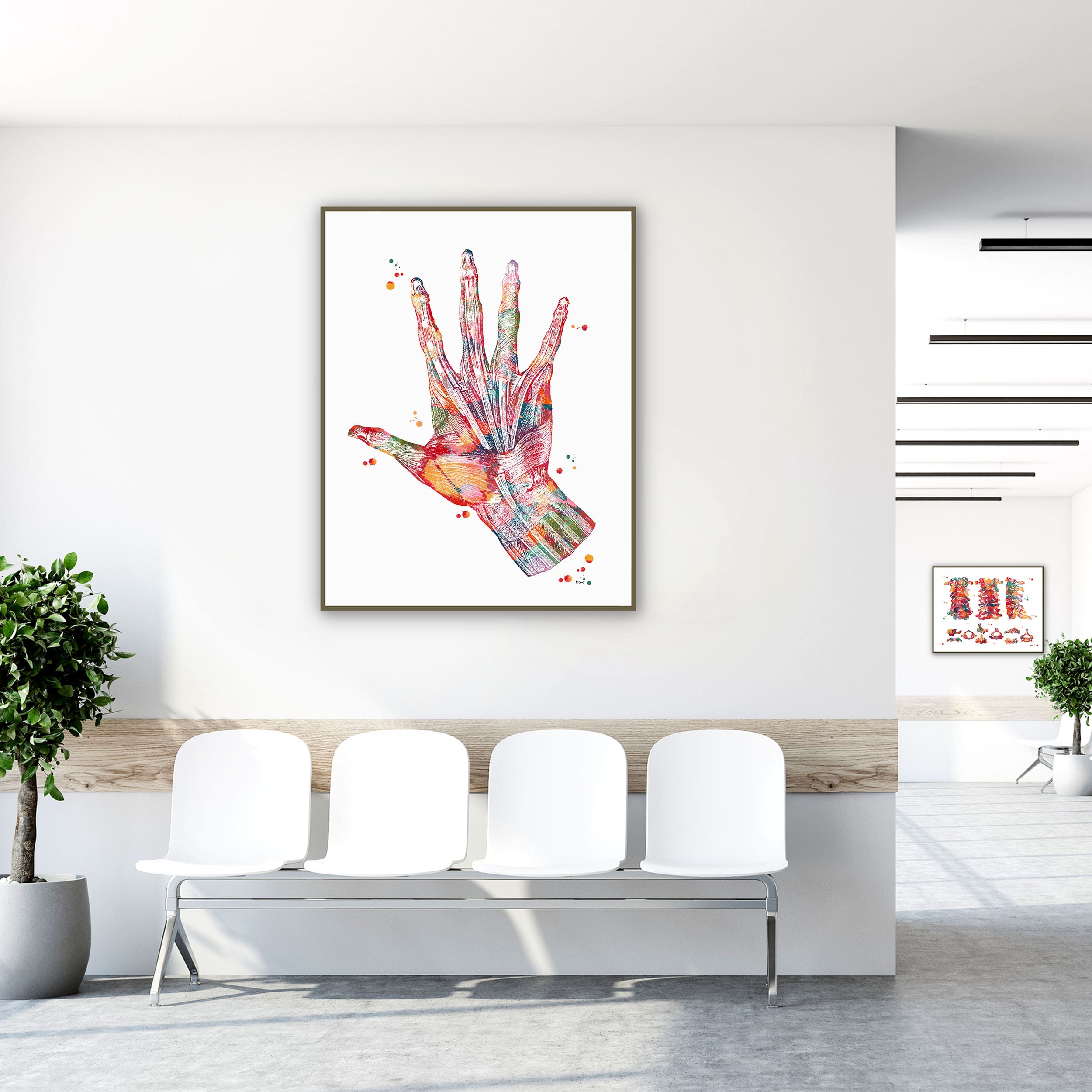 Framed hand muscles anatomy watercolor print in a clinic waiting room
