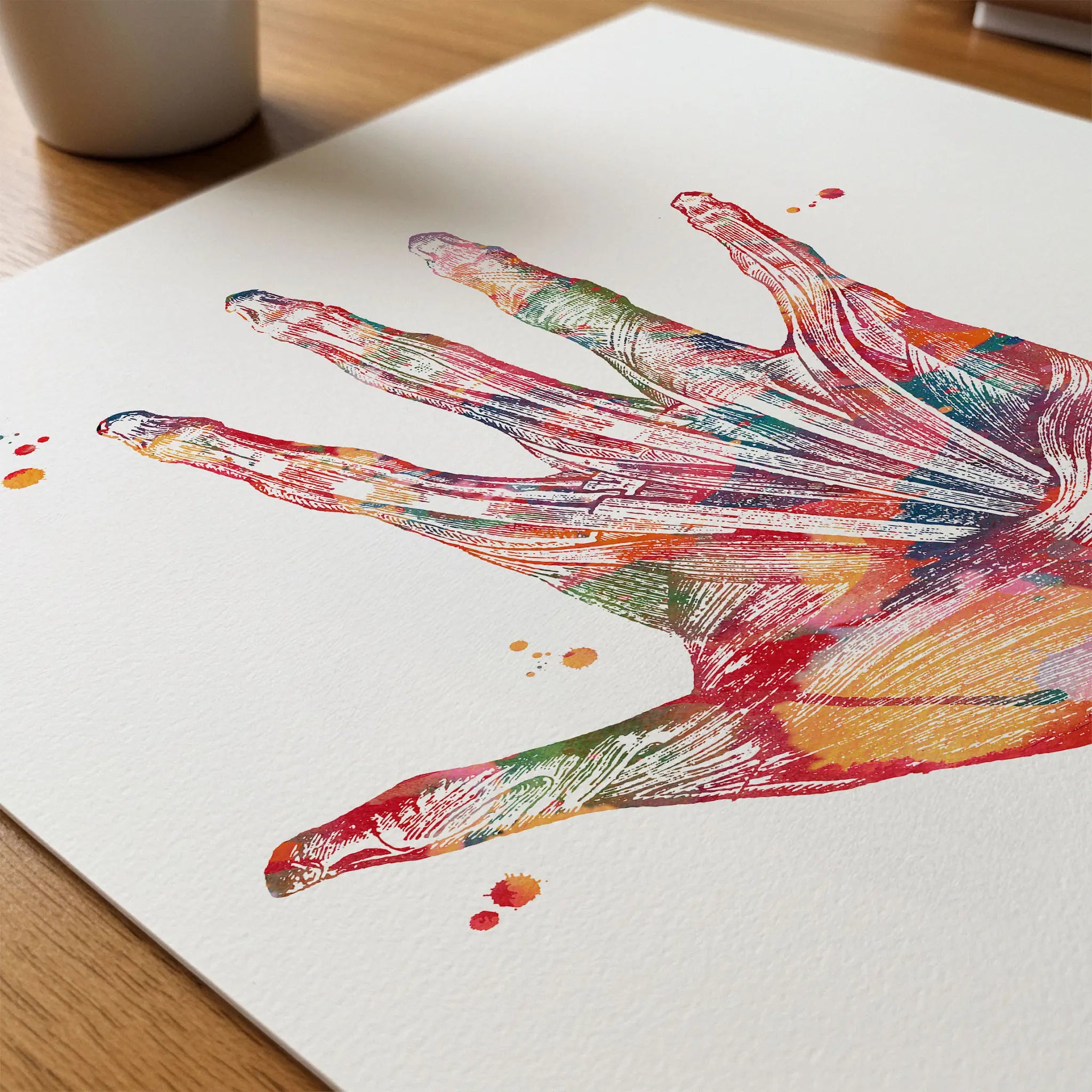Close-up of hand muscles anatomy watercolor print showing paper texture and grain