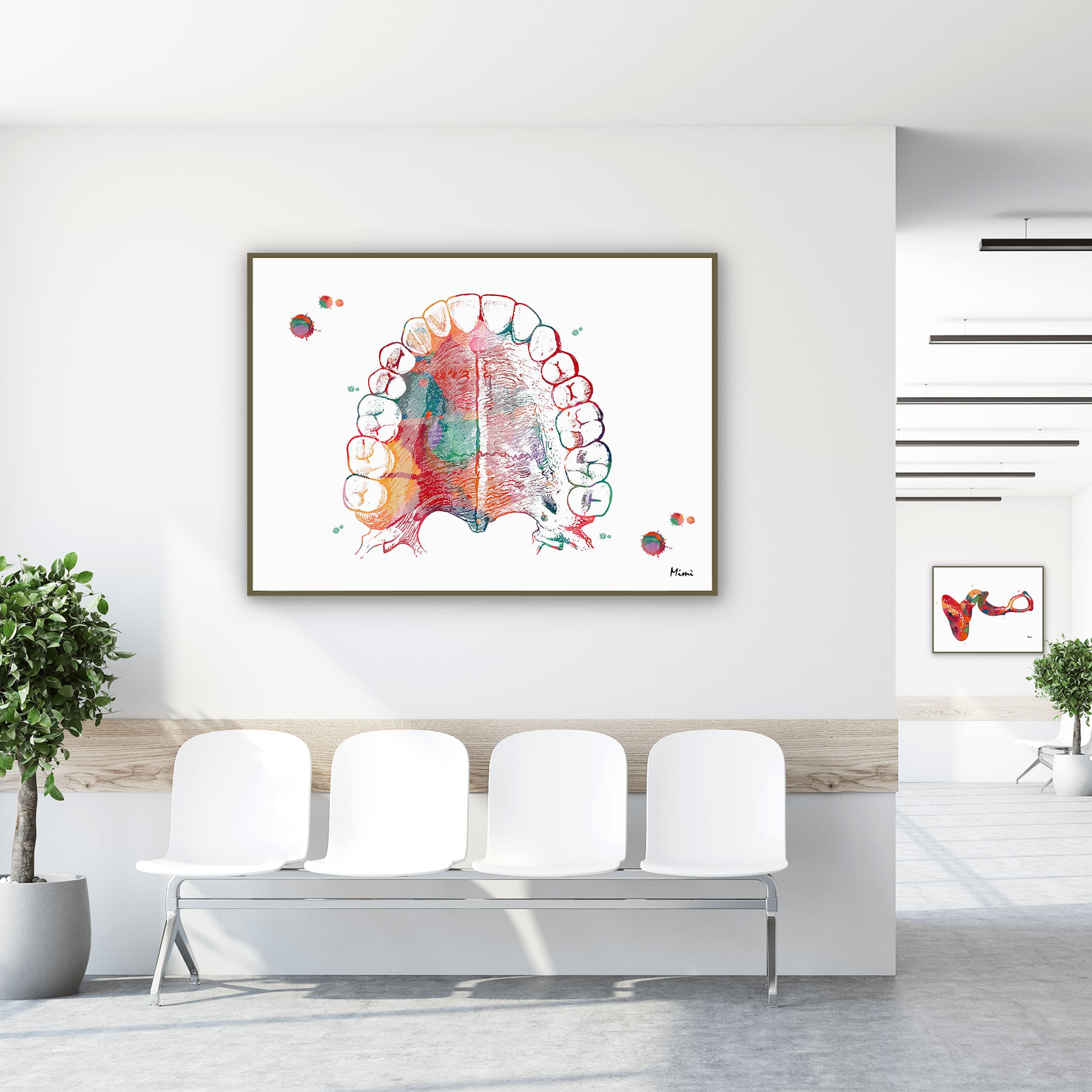 Framed hard palate & teeth watercolor print in a clinic waiting room