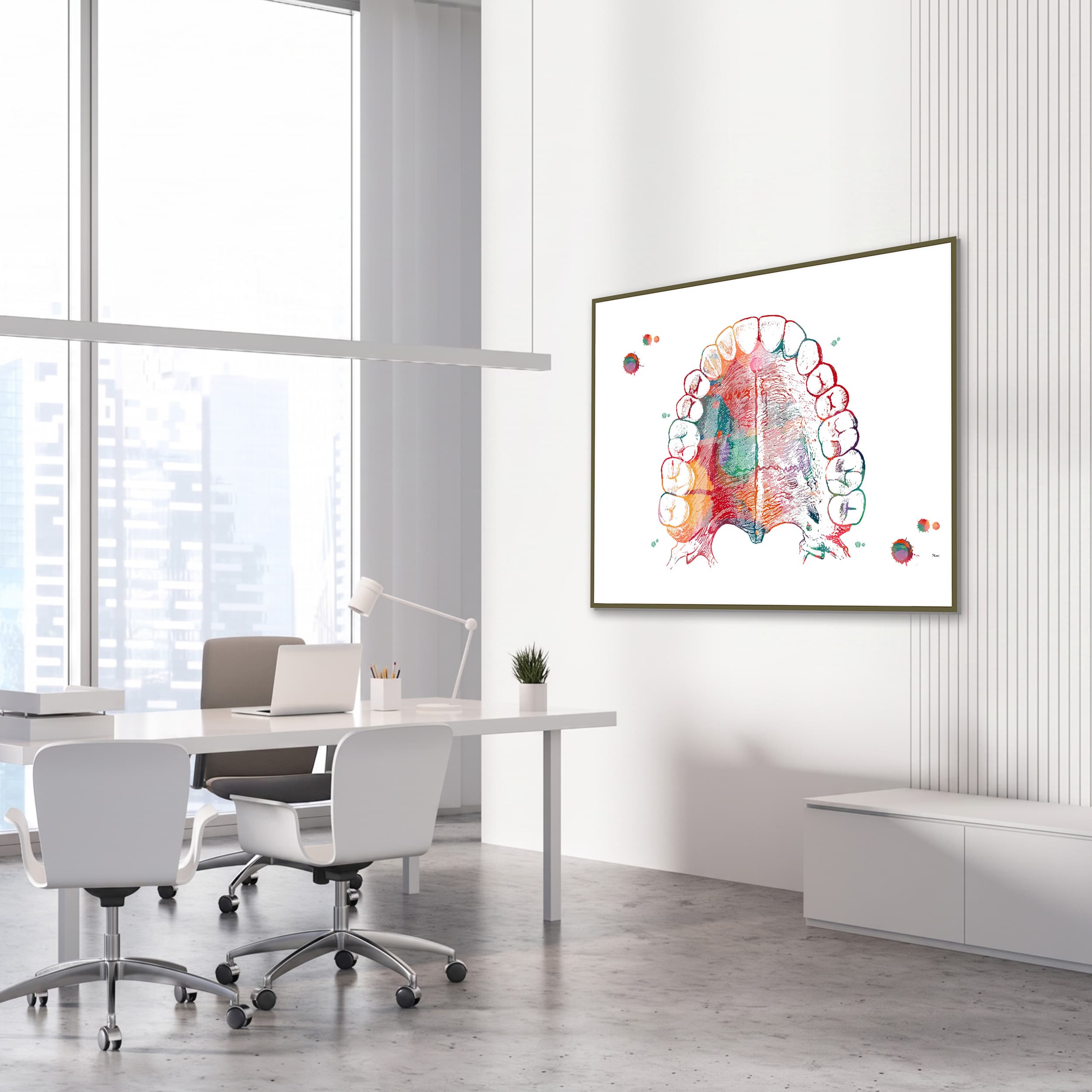 Framed hard palate & teeth watercolor print in an ENT clinic