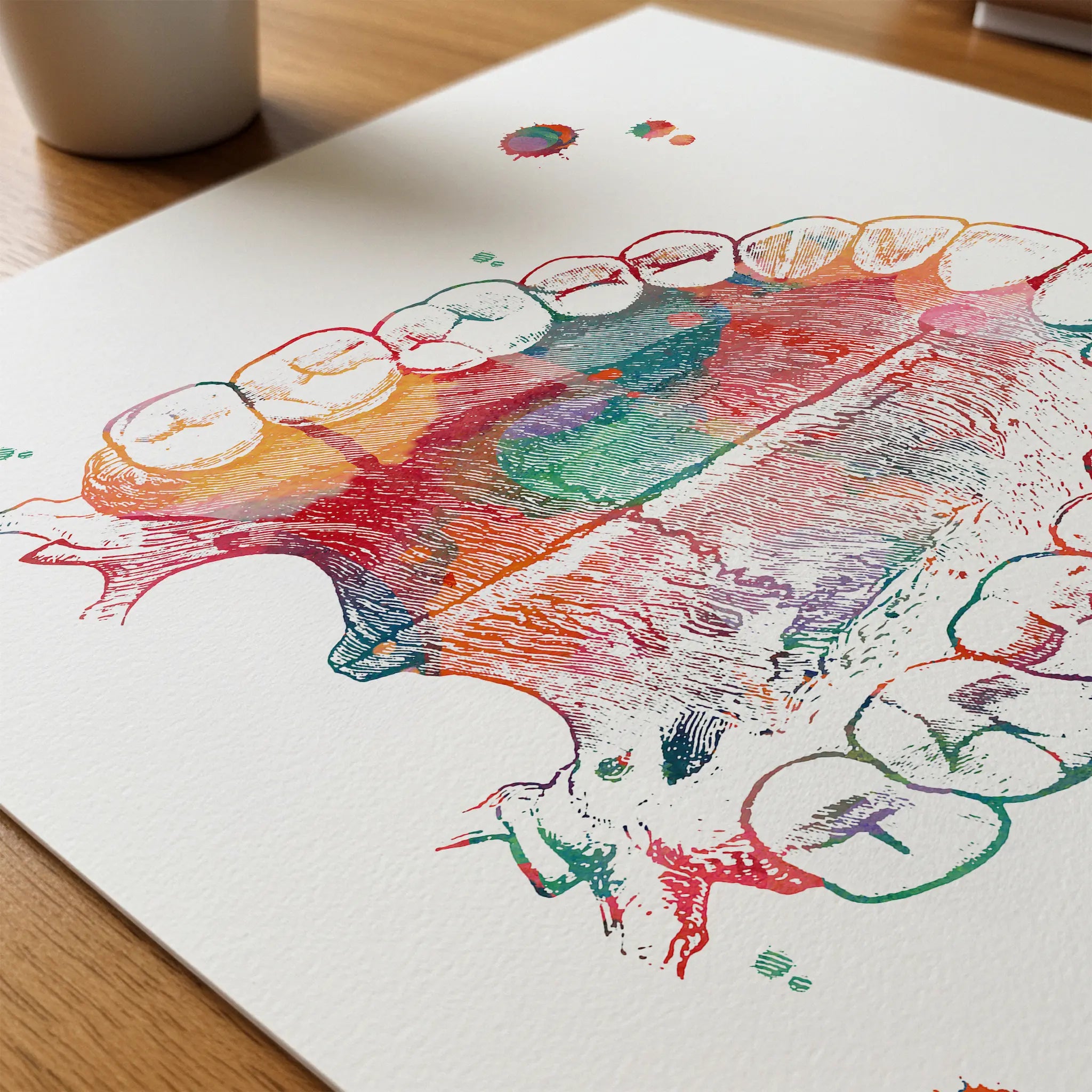 Close-up of hard palate & teeth watercolor print showing paper texture and grain