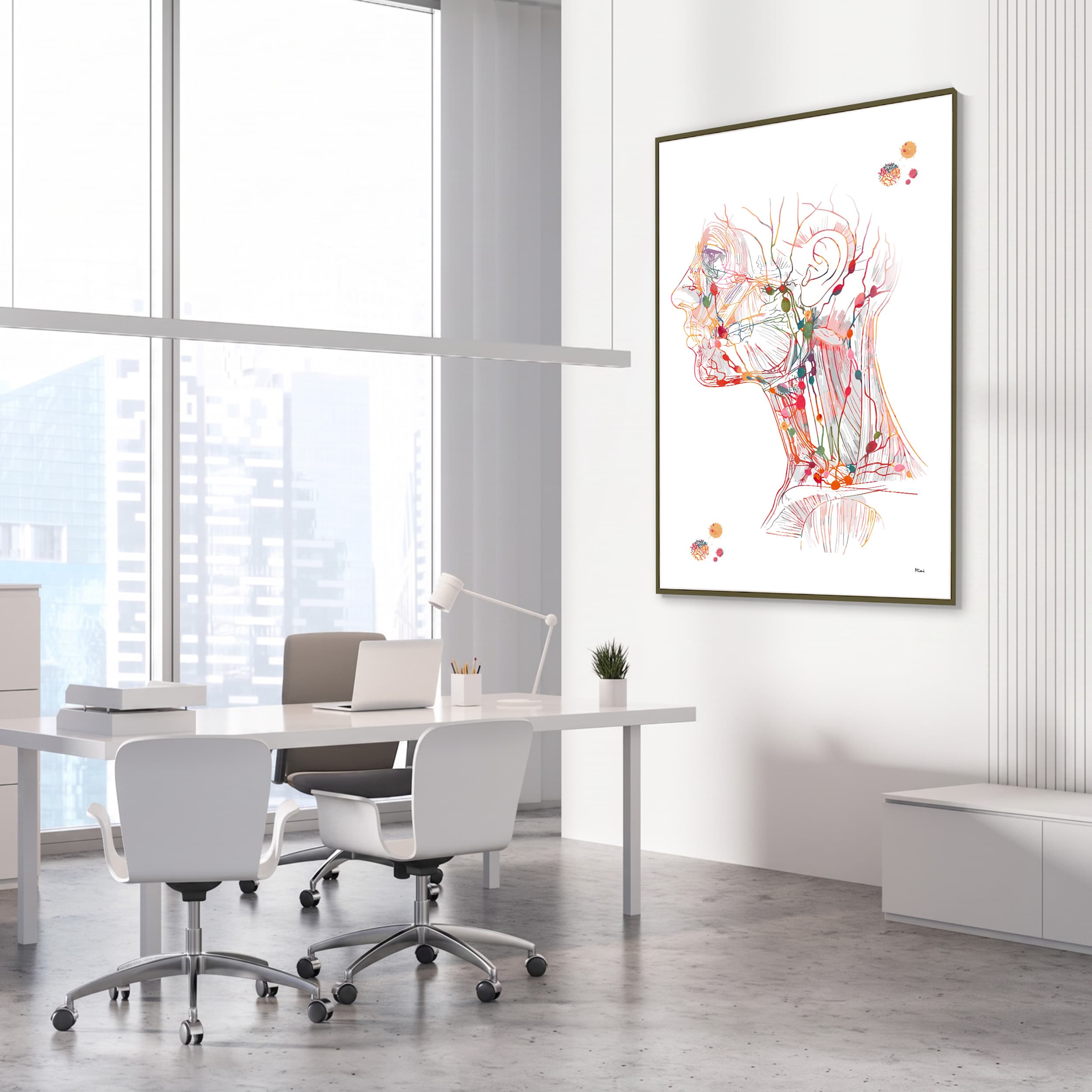 Framed head and neck lymph nodes watercolor print in an endocrinology clinic