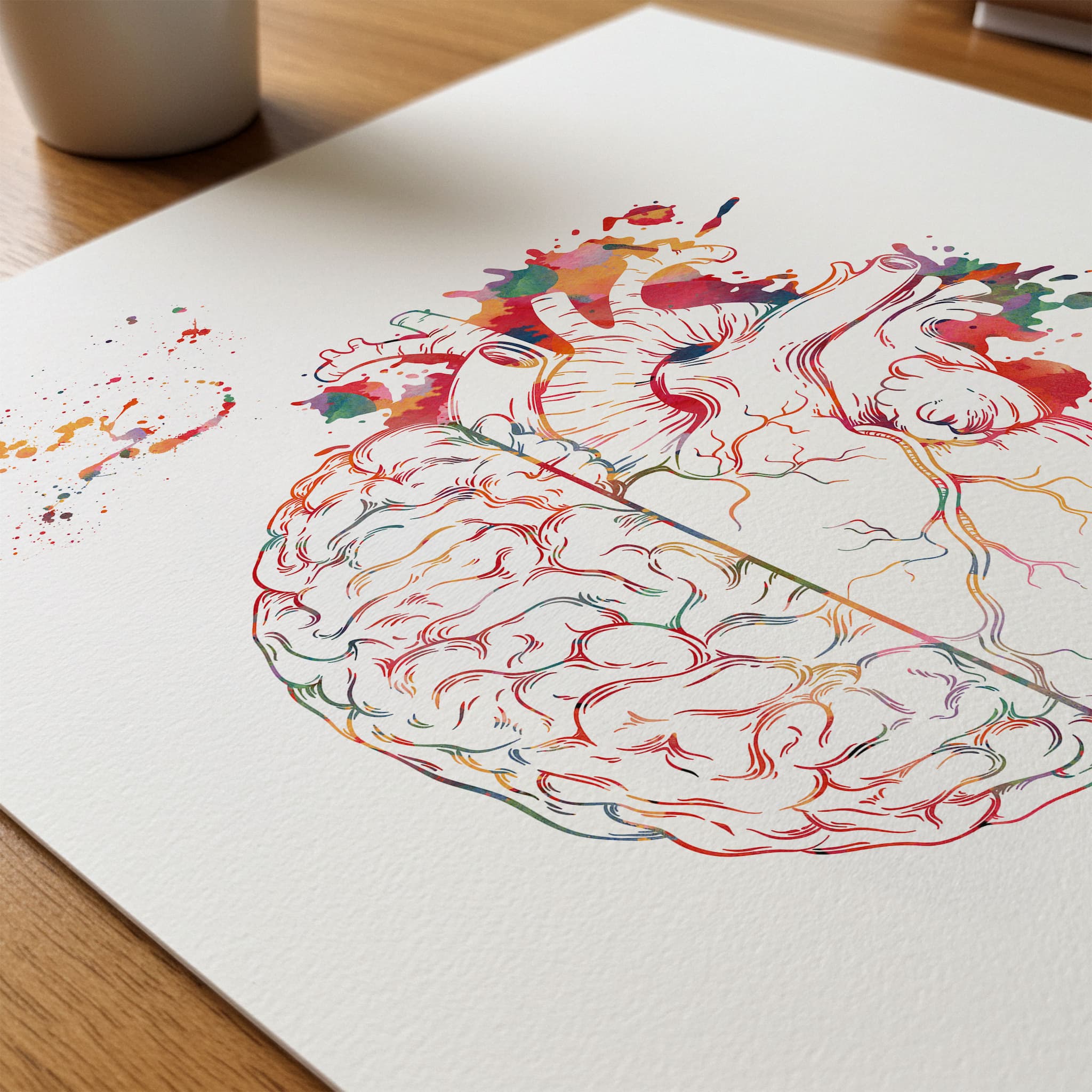 Close-up of heart & brain balance watercolor print showing paper texture and grain