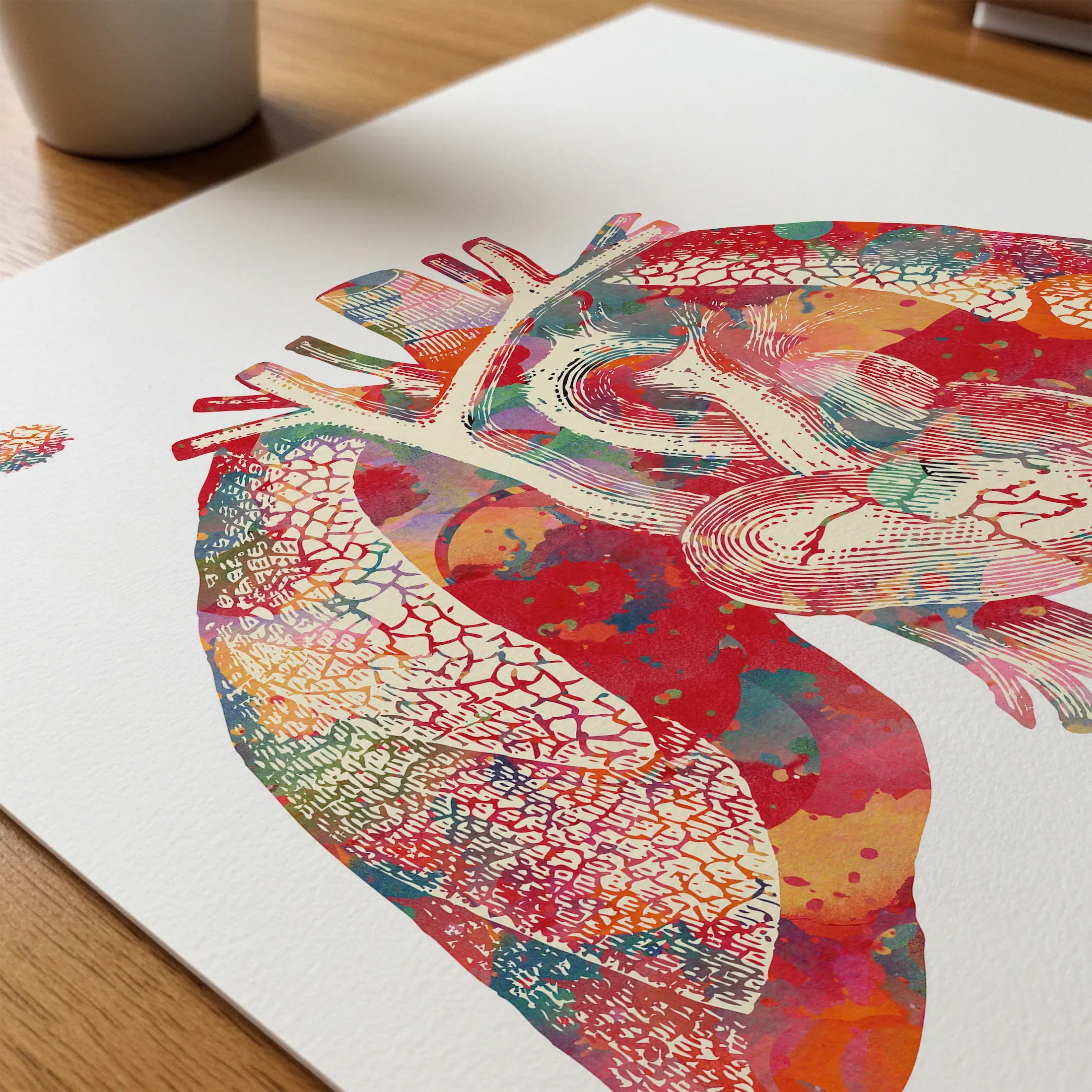 Close-up of heart and lungs watercolor print showing paper texture and grain
