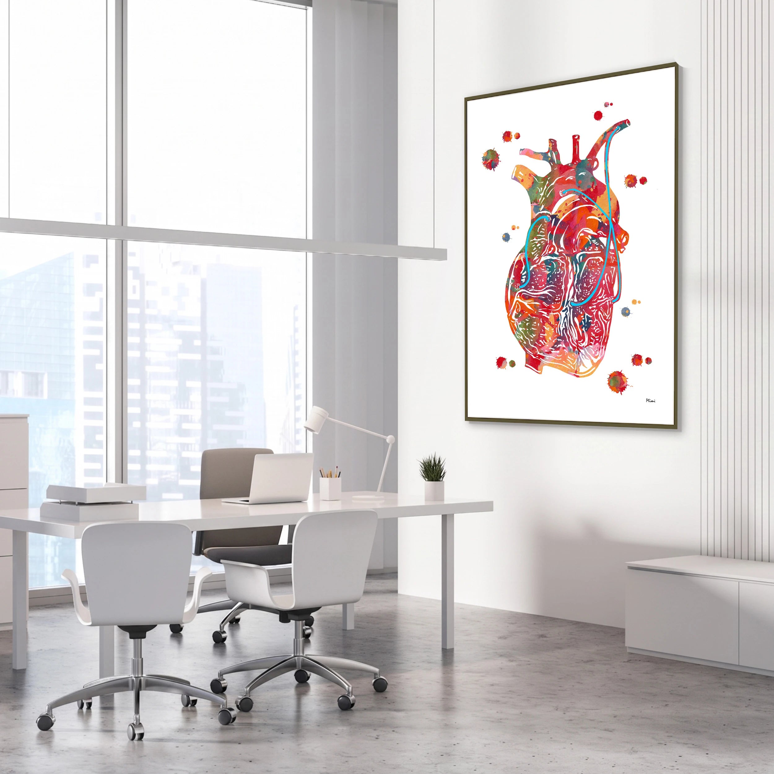 Framed coronary artery bypass CABG watercolor print in a cardiology clinic