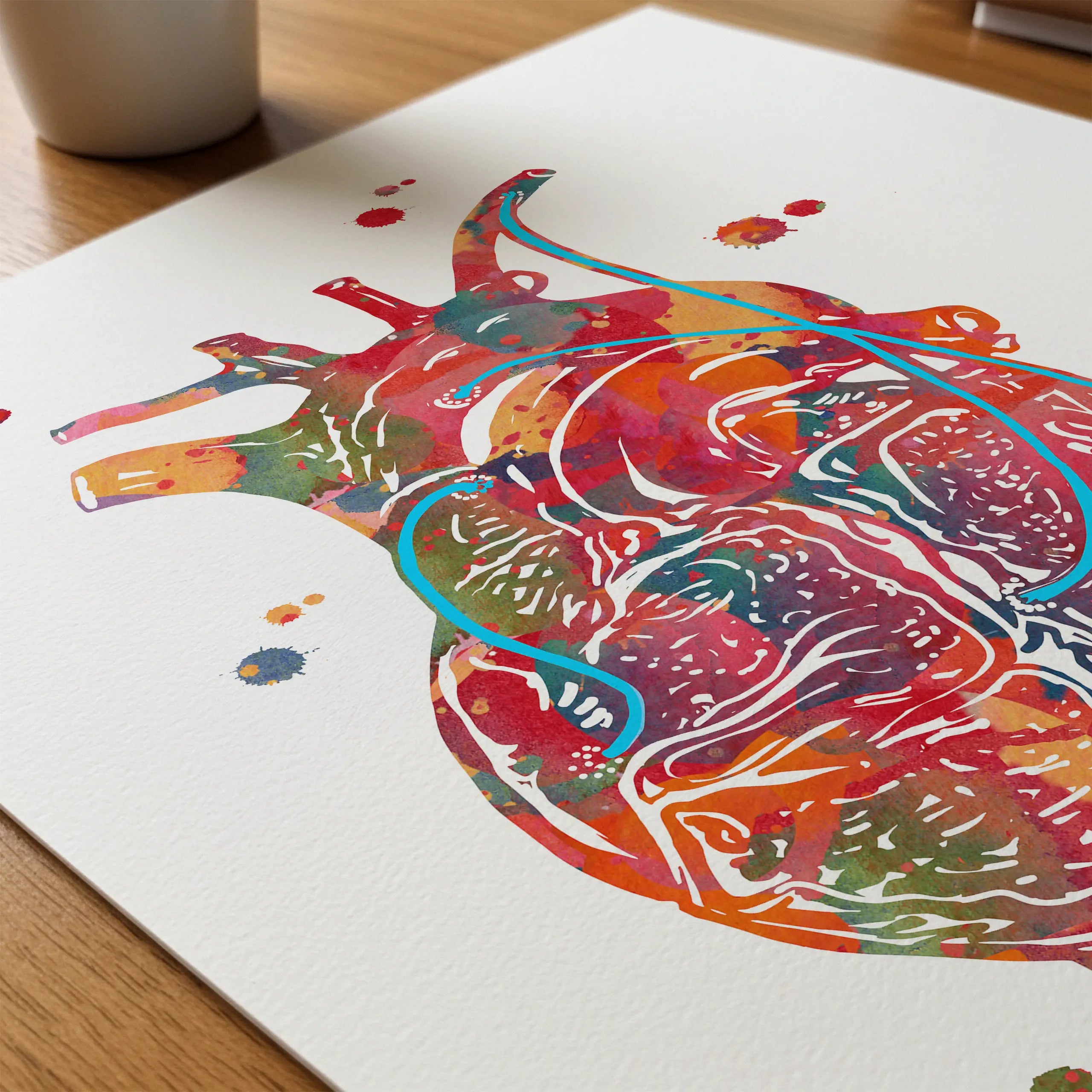 Close-up of coronary artery bypass CABG watercolor print showing paper texture and grain