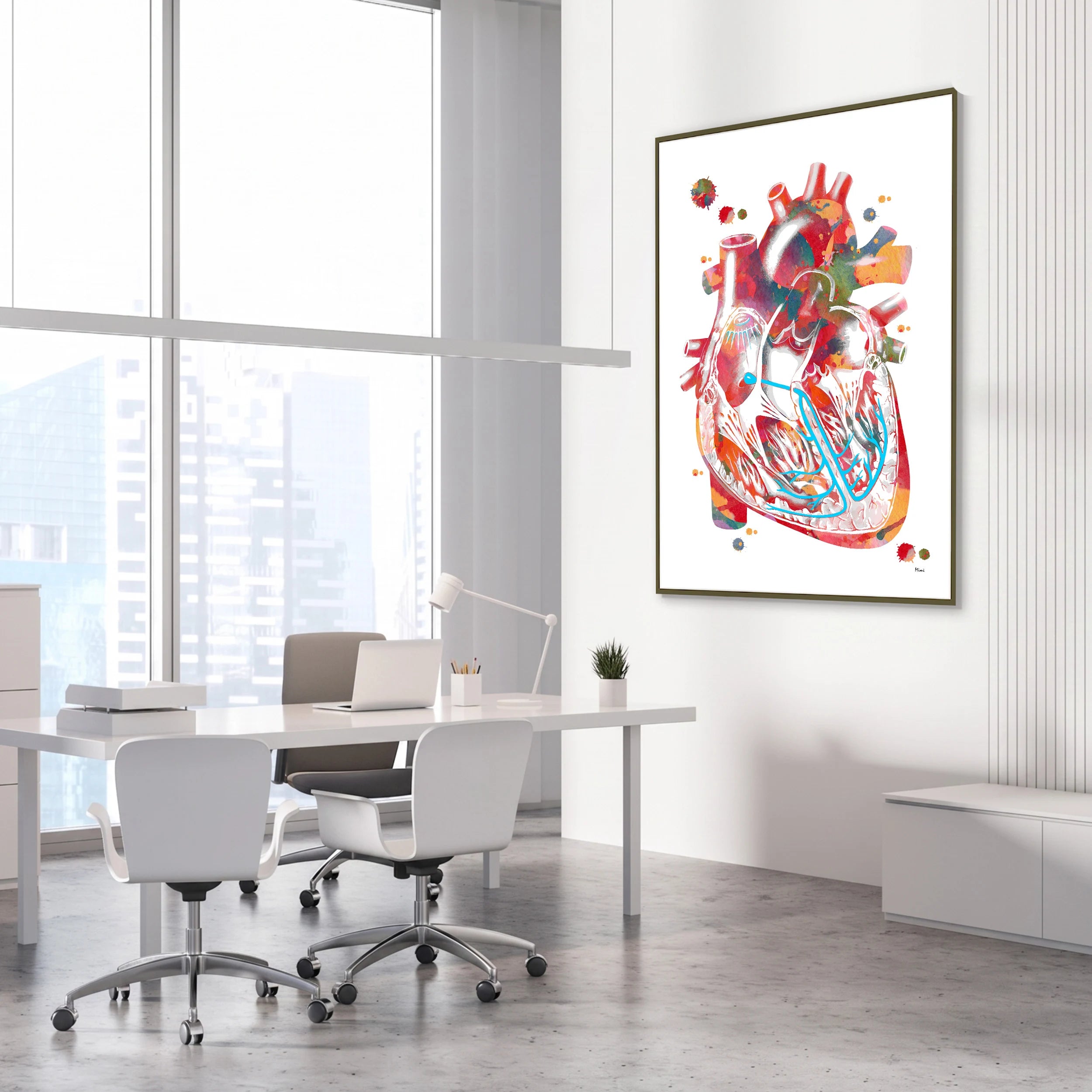 Framed heart conduction system watercolor print in a cardiology clinic