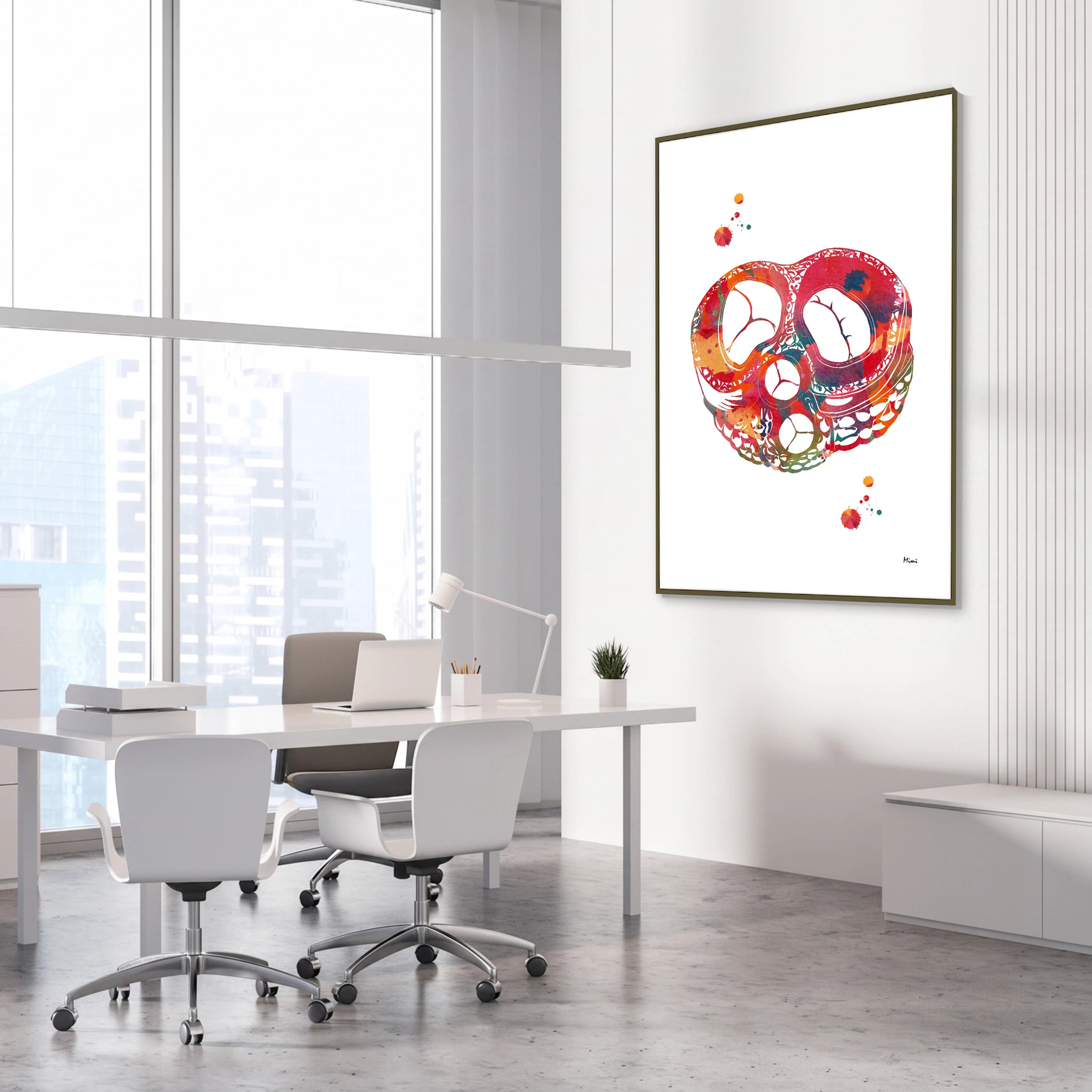 Framed heart valves watercolor print in a cardiology clinic