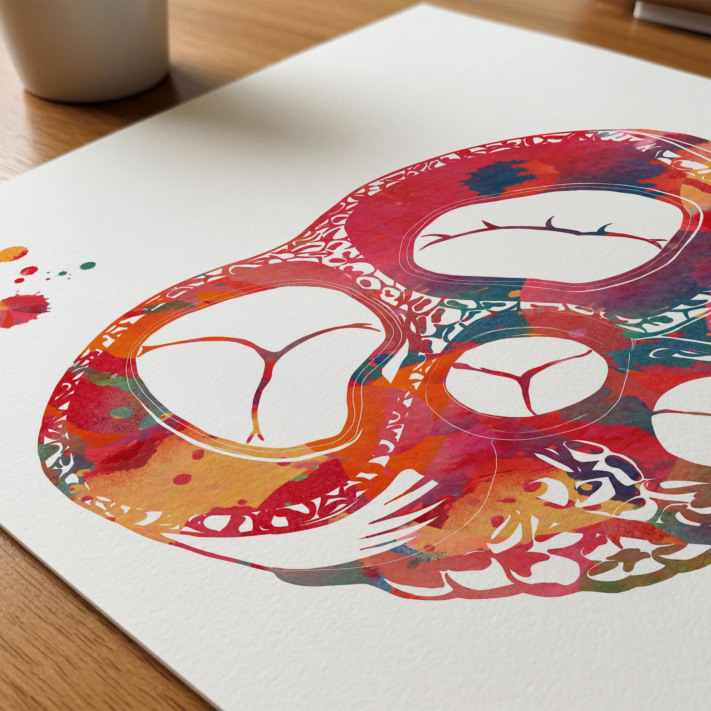 Close-up of heart valves watercolor print showing paper texture and grain