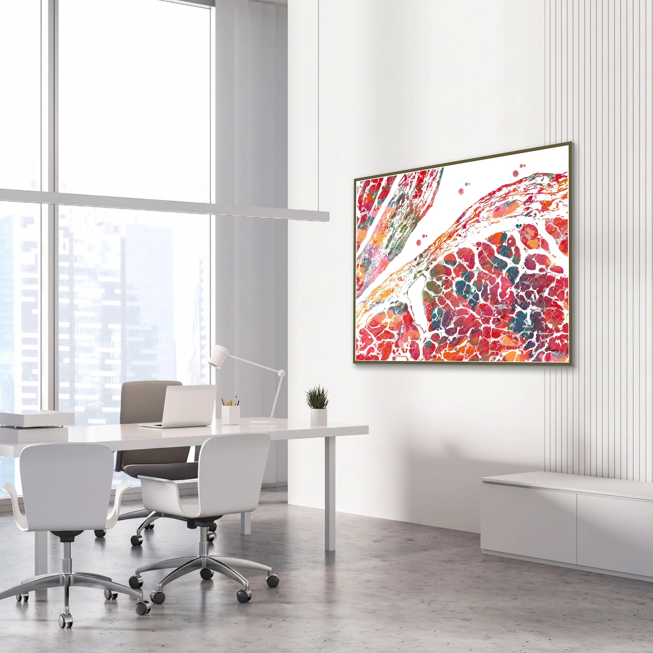 Framed heart ventricle and endocardium watercolor print in a cardiology clinic