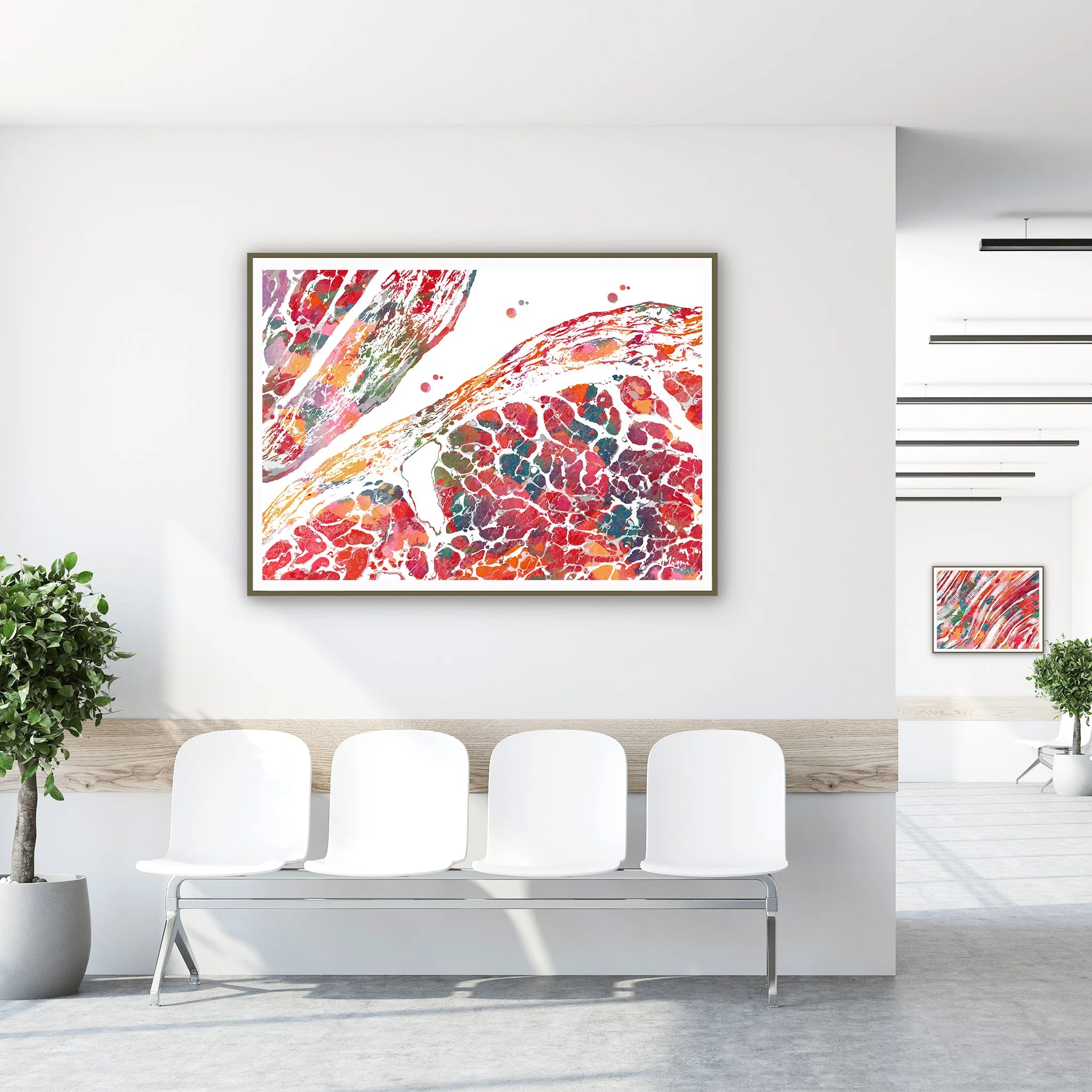 Framed heart ventricle and endocardium watercolor print in a clinic waiting room
